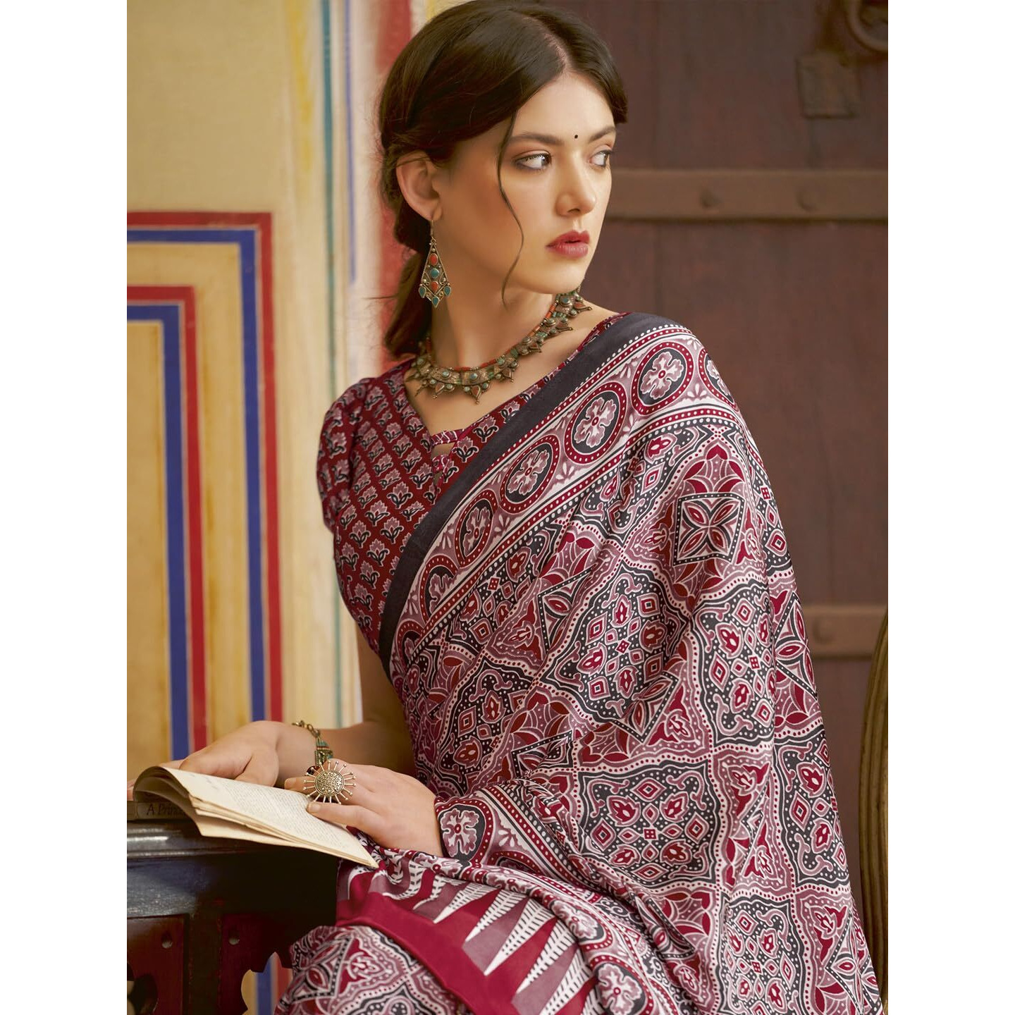 SAREE MALL Womens Crepe Ajrak Crepe Satin Printed Saree With Unstitched Blouse Piece(Red_MOHAR103B_HS)