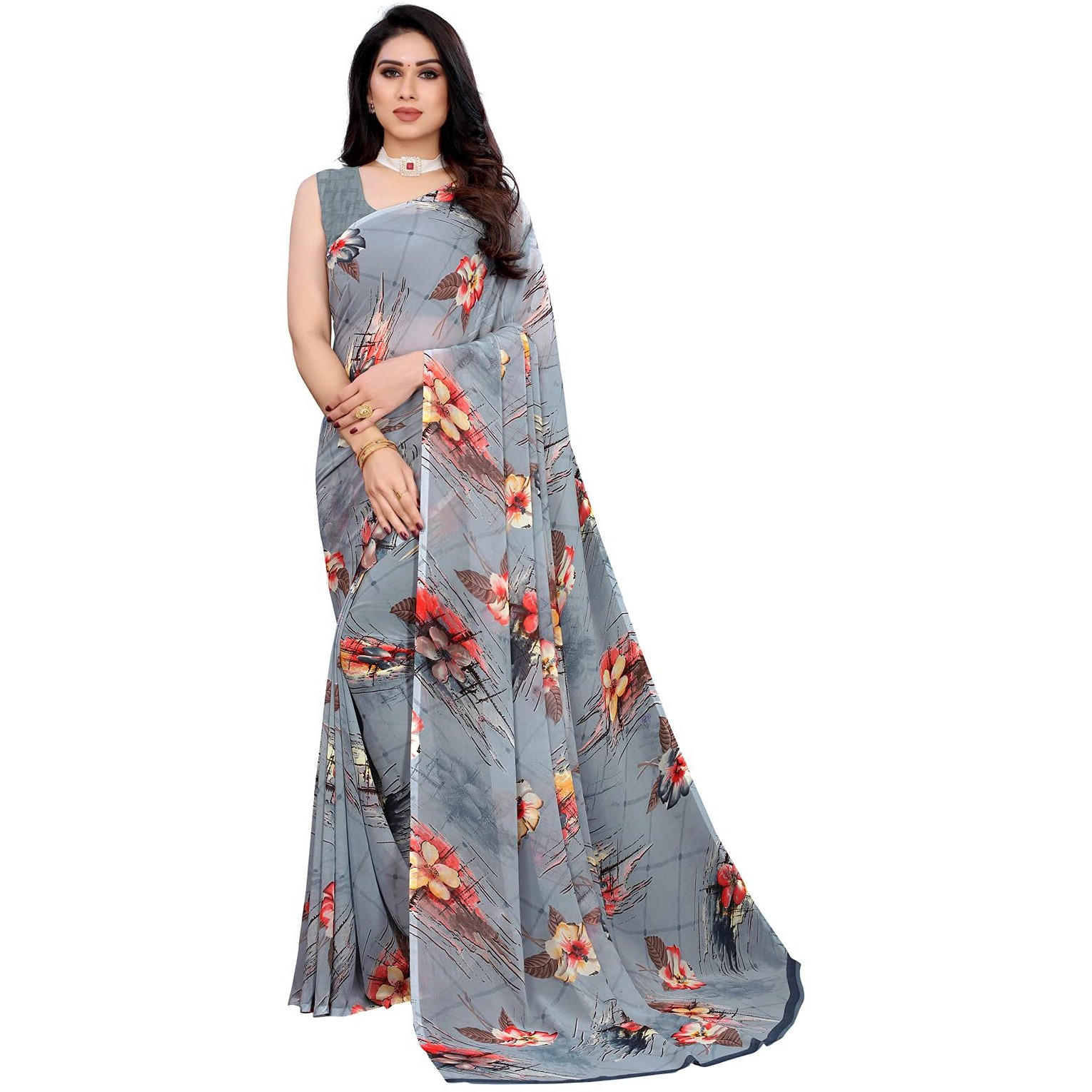 SIRIL Womens Floral Printed Georgette Saree With Blouse Piece (2081S634_Grey)