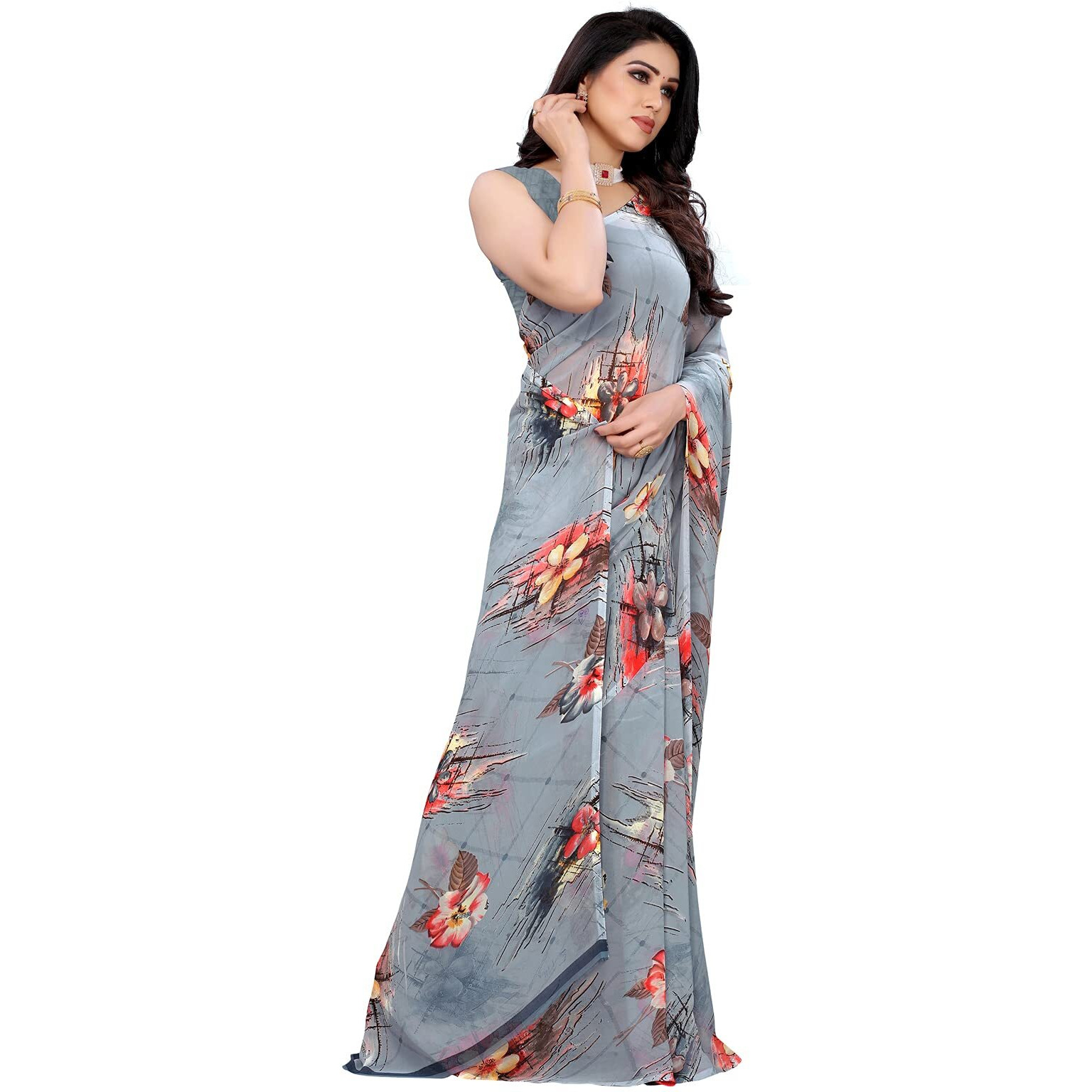 SIRIL Womens Floral Printed Georgette Saree With Blouse Piece (2081S634_Grey)