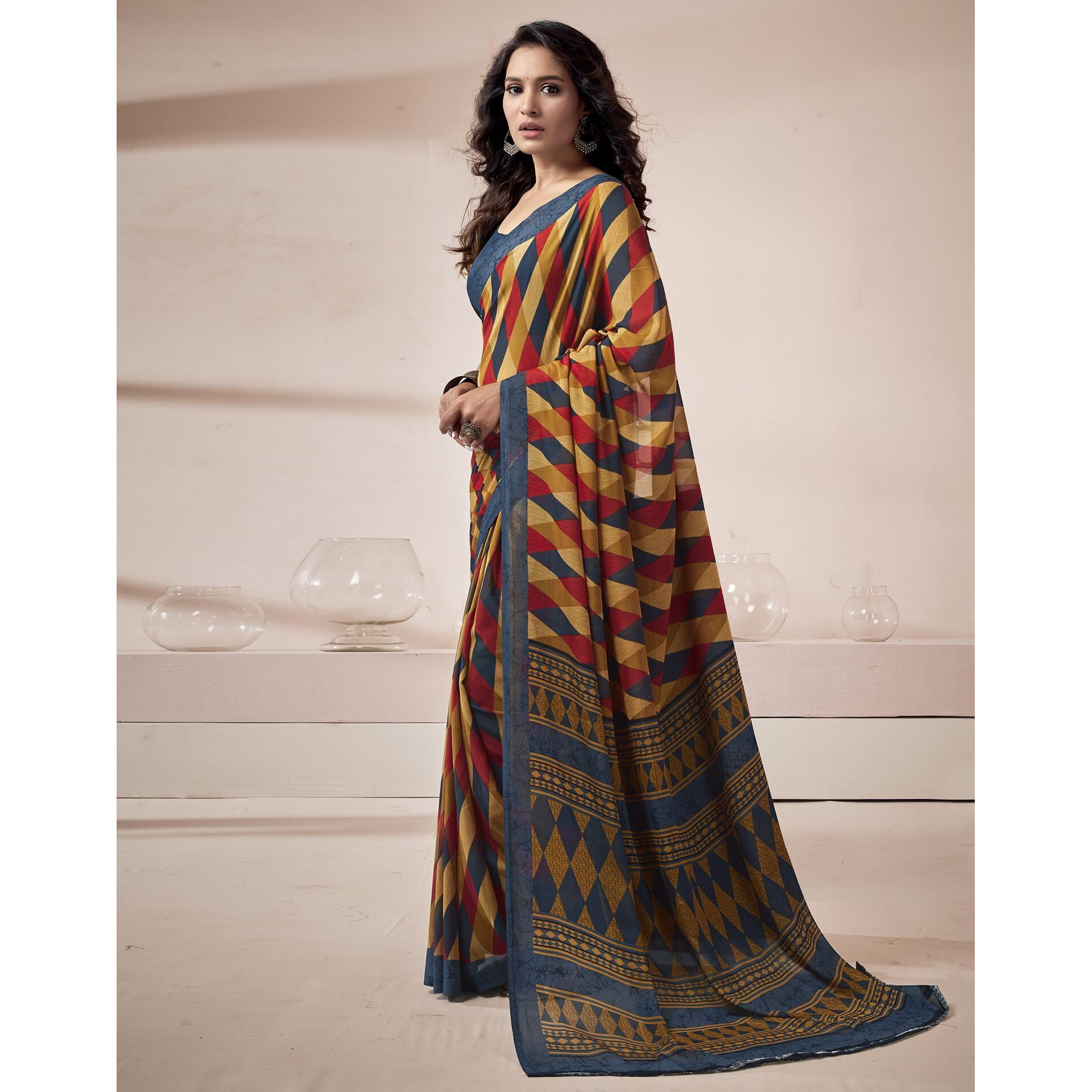 SIRIL Womens Georgette Geometric Printed Saree With Unstitched Blouse Piece (3671S2574_Grey & Beige)