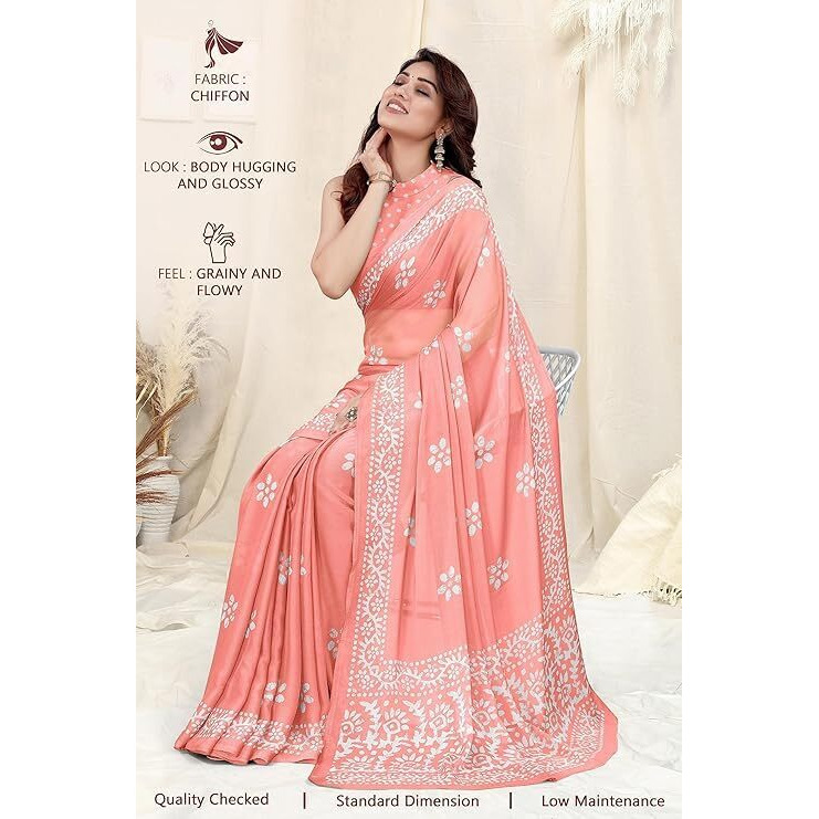 RAJESHWAR FASHION WITH RF Womens Latest Chiffon Batik Printed Saree For Women With Blouse Piece(Peach_Free Size 6.30)