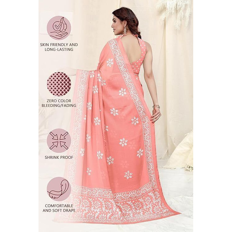RAJESHWAR FASHION WITH RF Womens Latest Chiffon Batik Printed Saree For Women With Blouse Piece(Peach_Free Size 6.30)