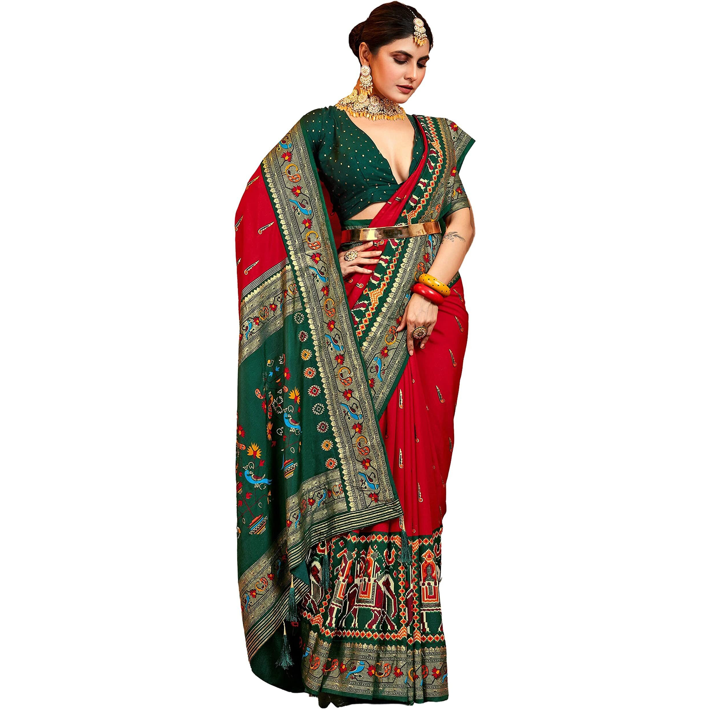 AKHILAM Womens Peacock Woven Design Zari Work Patola Silk Saree With Unstitched Blouse Piece (Red_MLKHAM1001_SS)