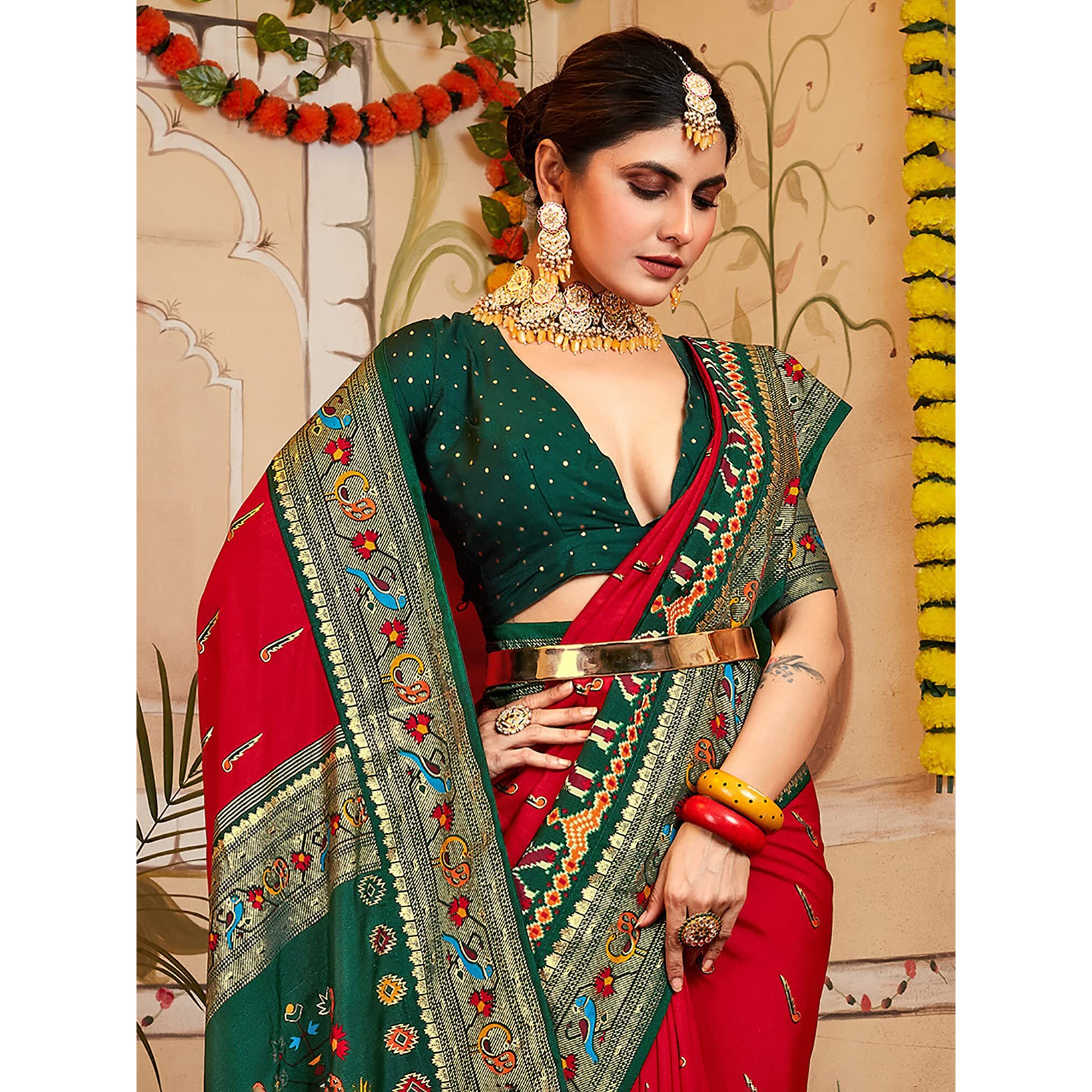 AKHILAM Womens Peacock Woven Design Zari Work Patola Silk Saree With Unstitched Blouse Piece (Red_MLKHAM1001_SS)