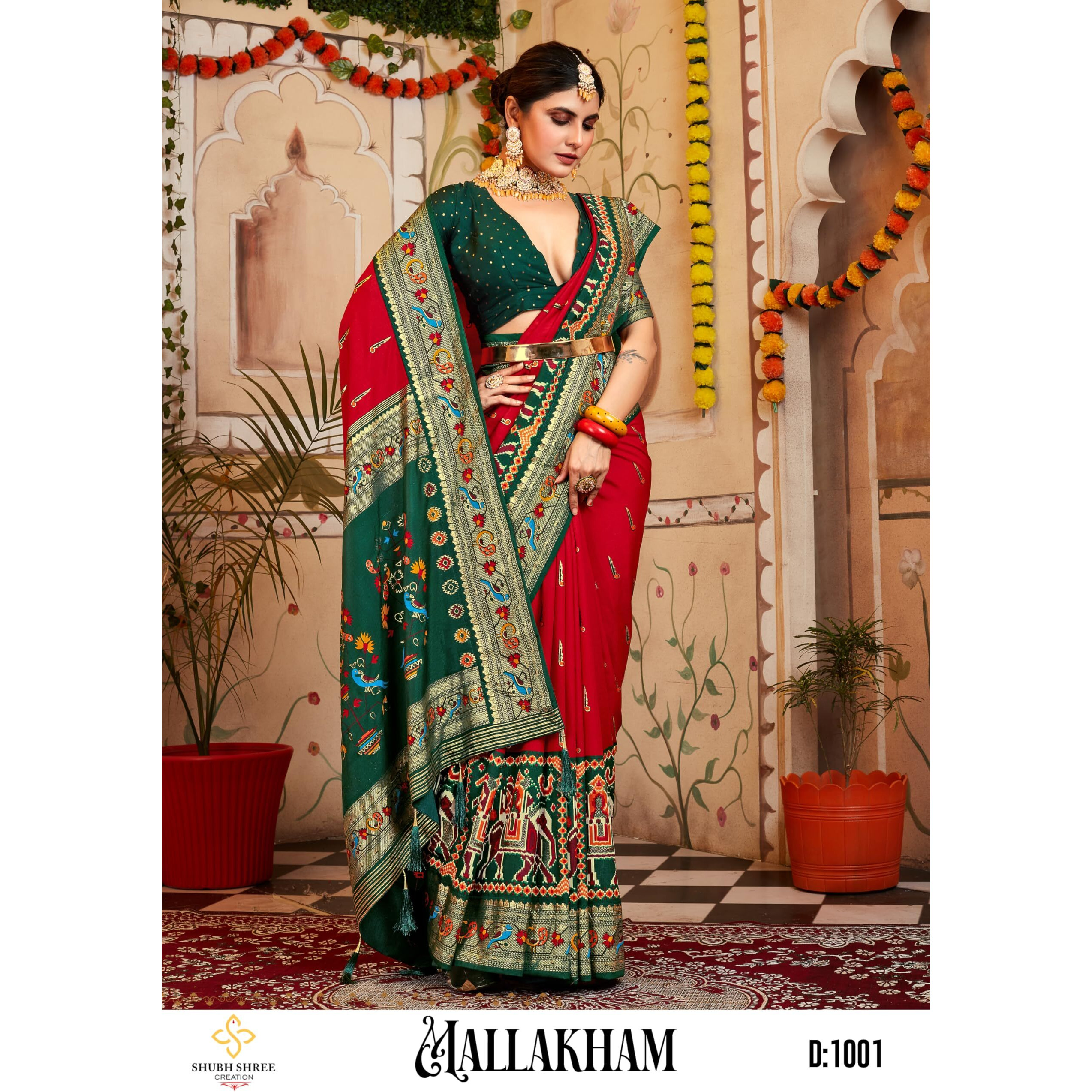 AKHILAM Womens Peacock Woven Design Zari Work Patola Silk Saree With Unstitched Blouse Piece (Red_MLKHAM1001_SS)
