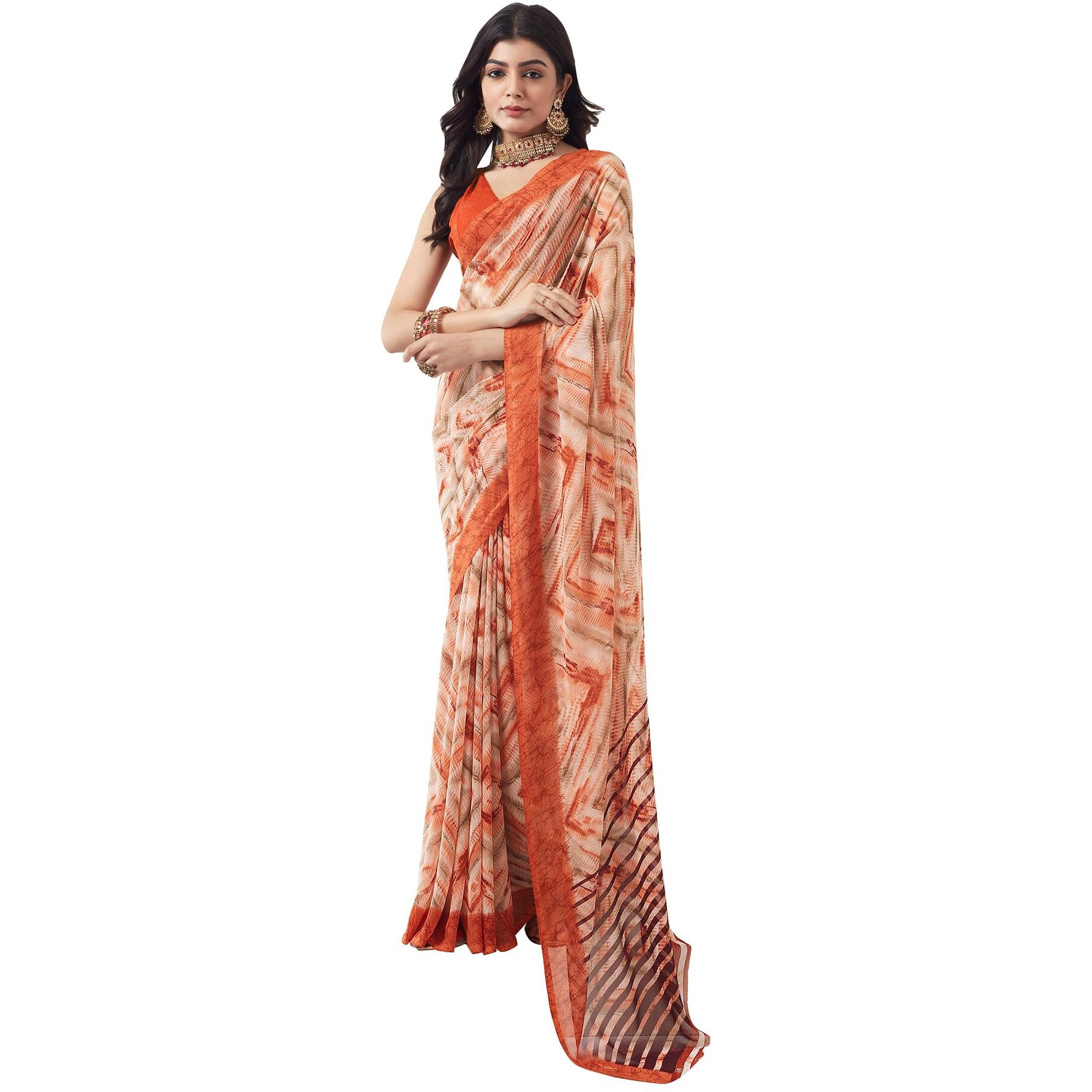 SIRIL Womens Georgette Geometric Printed Saree With Unstitched Blouse Piece (3451S1096_Rust)