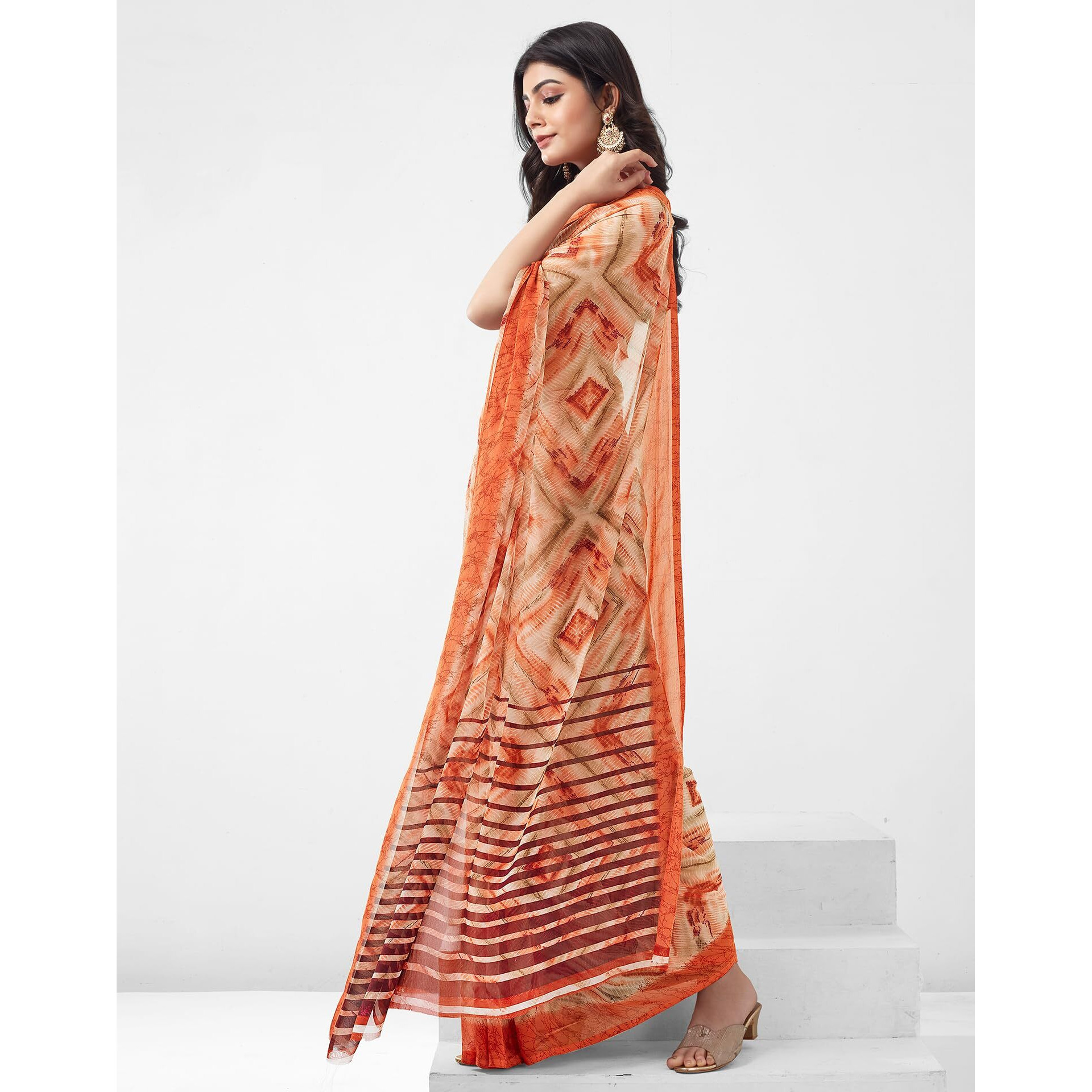SIRIL Womens Georgette Geometric Printed Saree With Unstitched Blouse Piece (3451S1096_Rust)