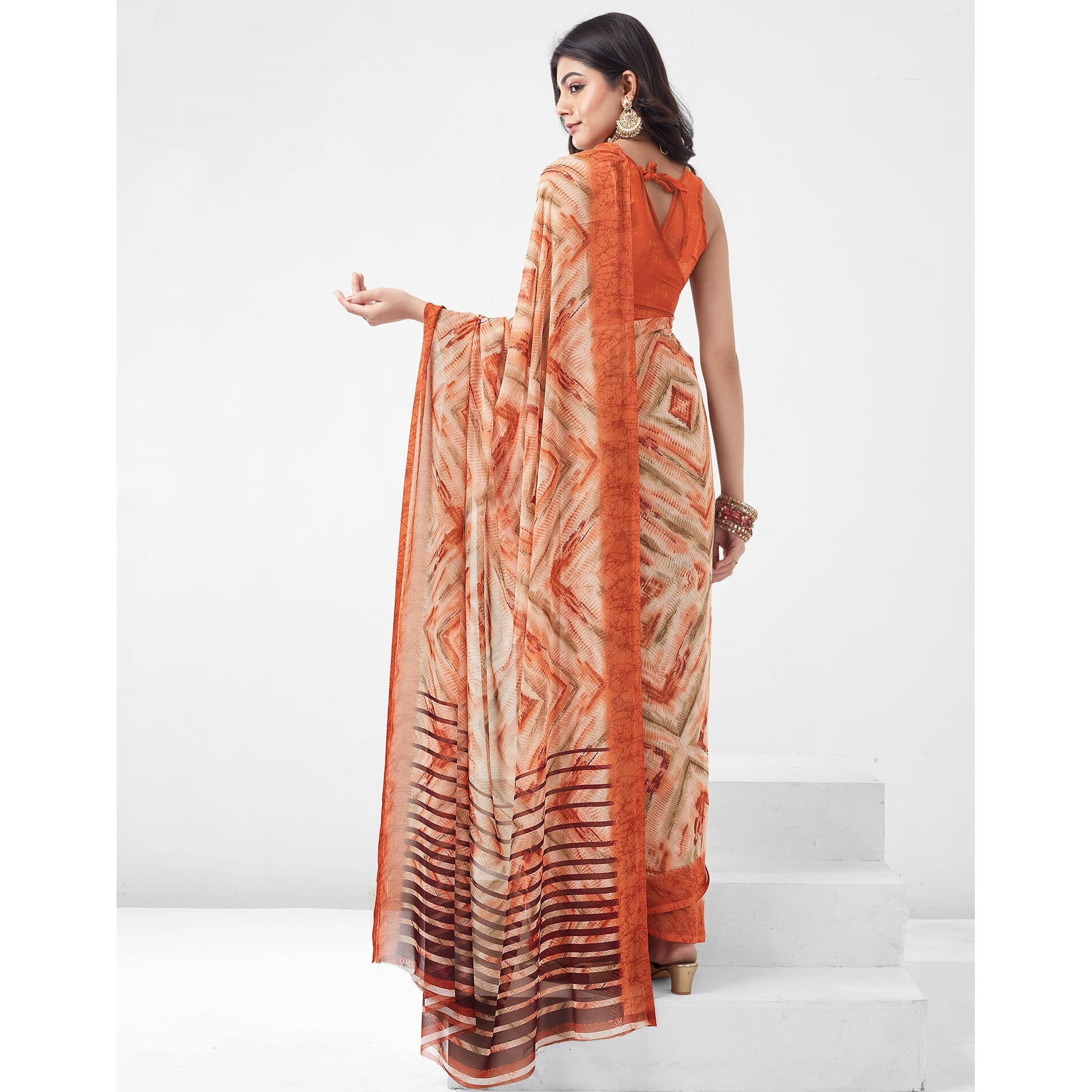 SIRIL Womens Georgette Geometric Printed Saree With Unstitched Blouse Piece (3451S1096_Rust)