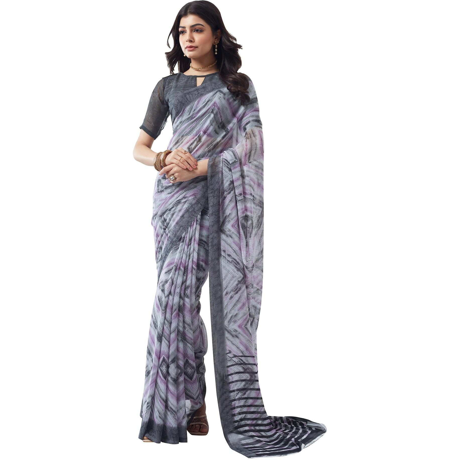 SIRIL Womens Georgette Geometric Printed Saree With Unstitched Blouse Piece (3451S1097_Grey)