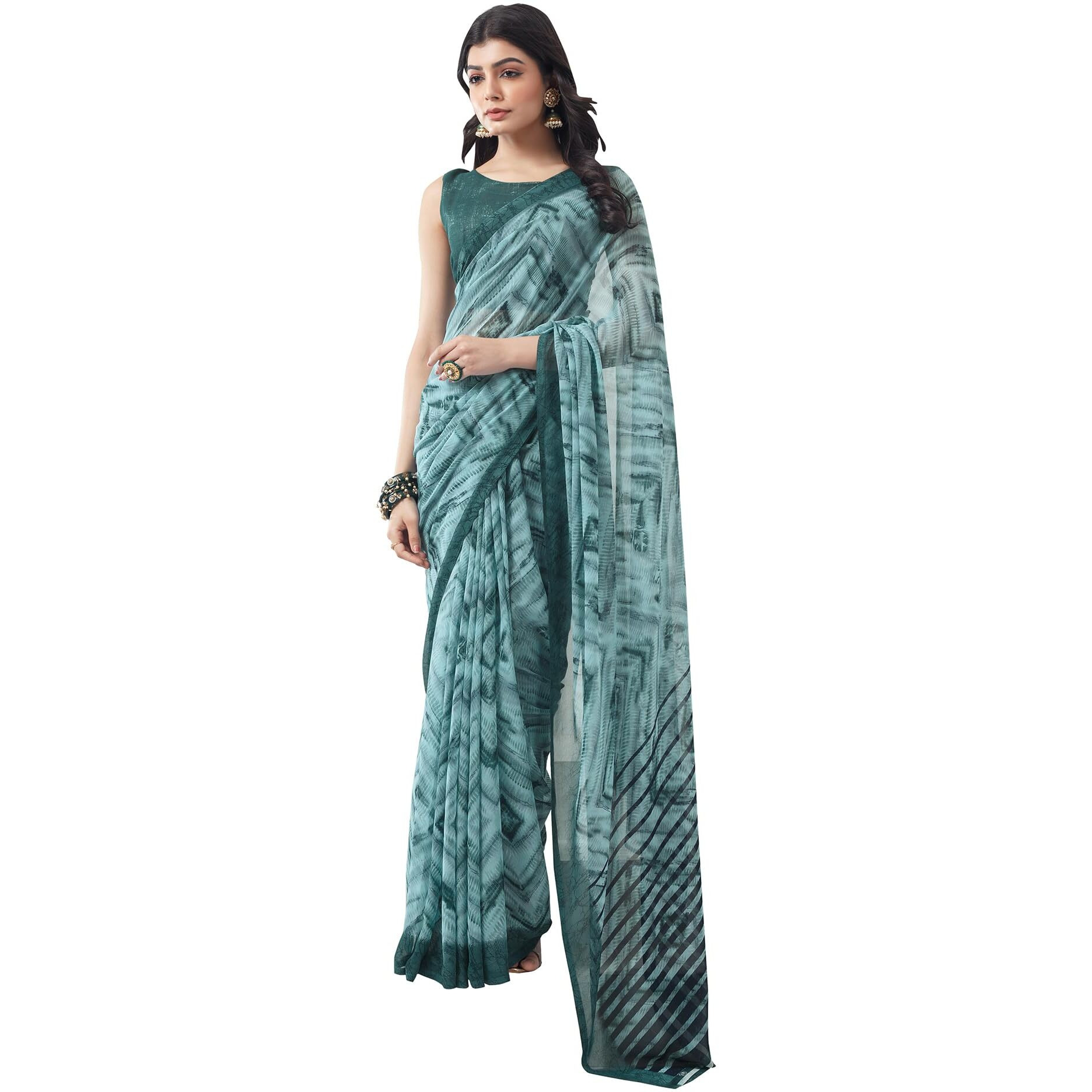 SIRIL Womens Georgette Geometric Printed Saree With Unstitched Blouse Piece (3451S1098_Turquoise)