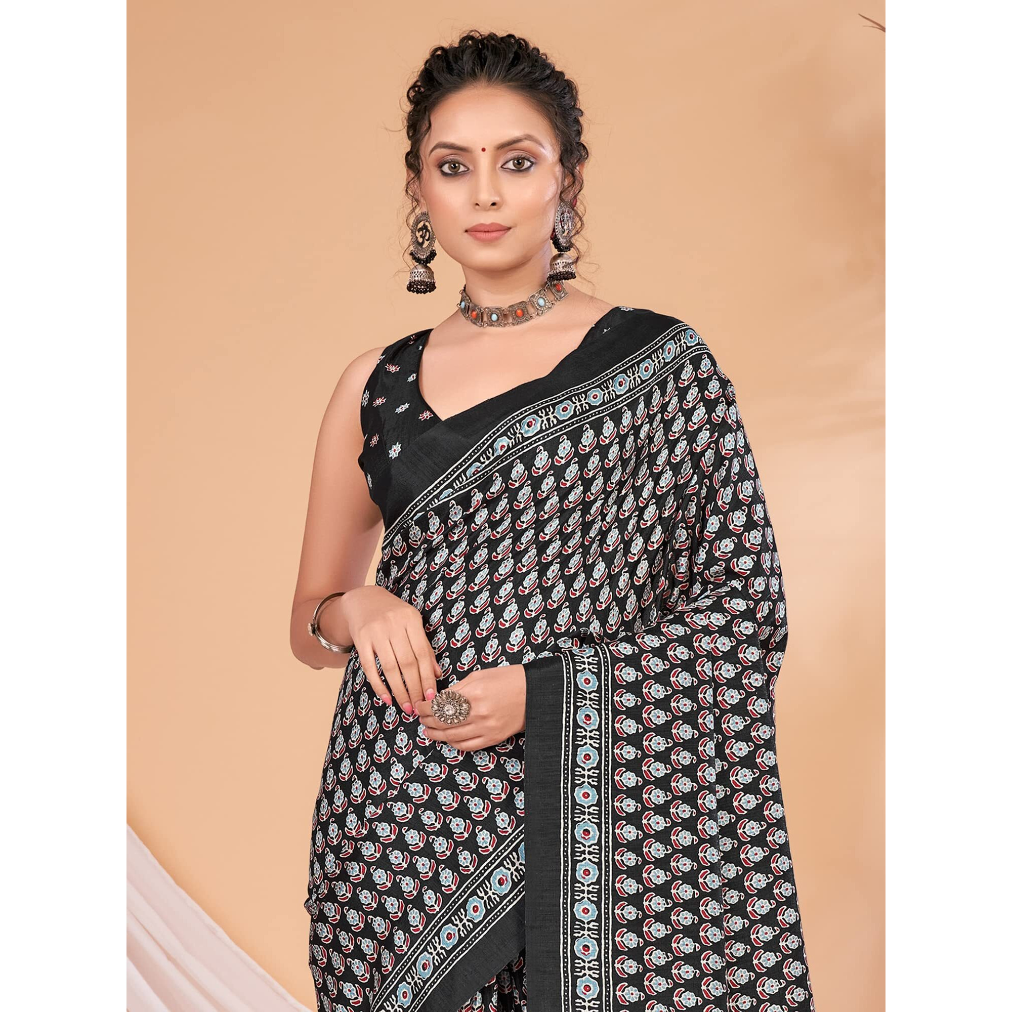 AKHILAM Womens Ajrak Block Print Dola Silk Saree With Unstitched Blouse Piece (Black_KUMRN203_HS)