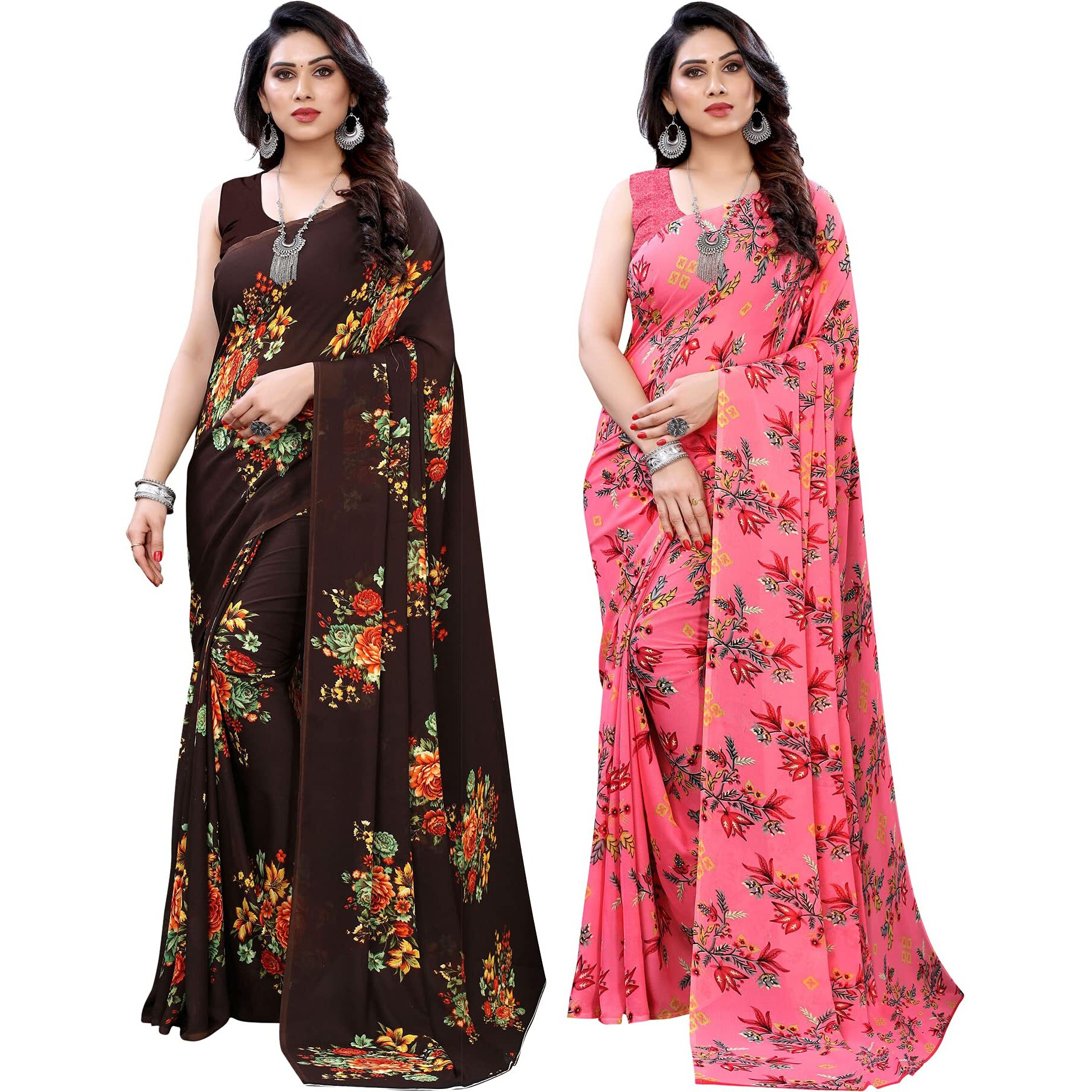 SIRIL Womens Floral Printed Georgette Saree with Blouse Combo Pack Of 2(1955S345_1955S344_Brown||Pink1)