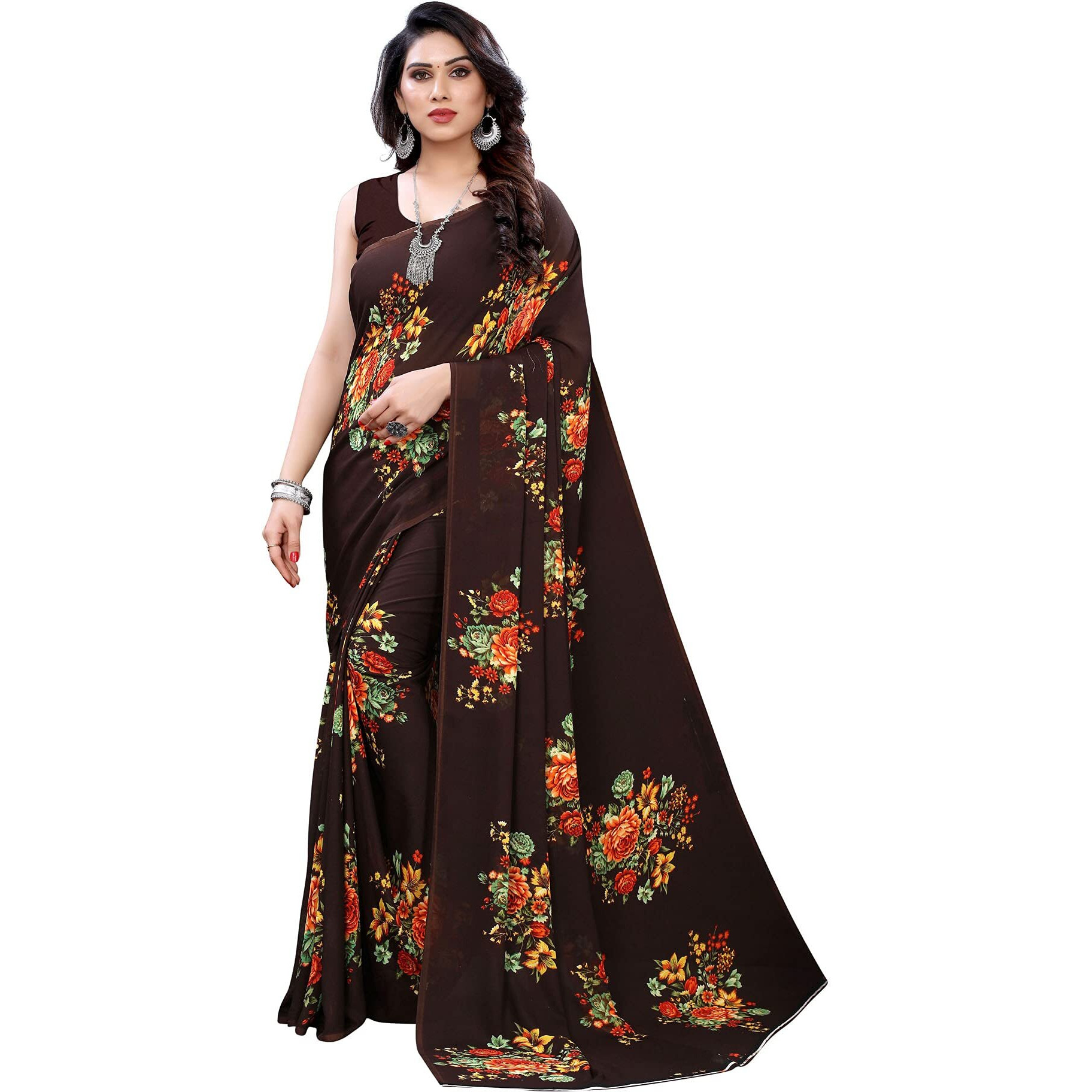 SIRIL Womens Floral Printed Georgette Saree with Blouse Combo Pack Of 2(1955S345_1955S344_Brown||Pink1)