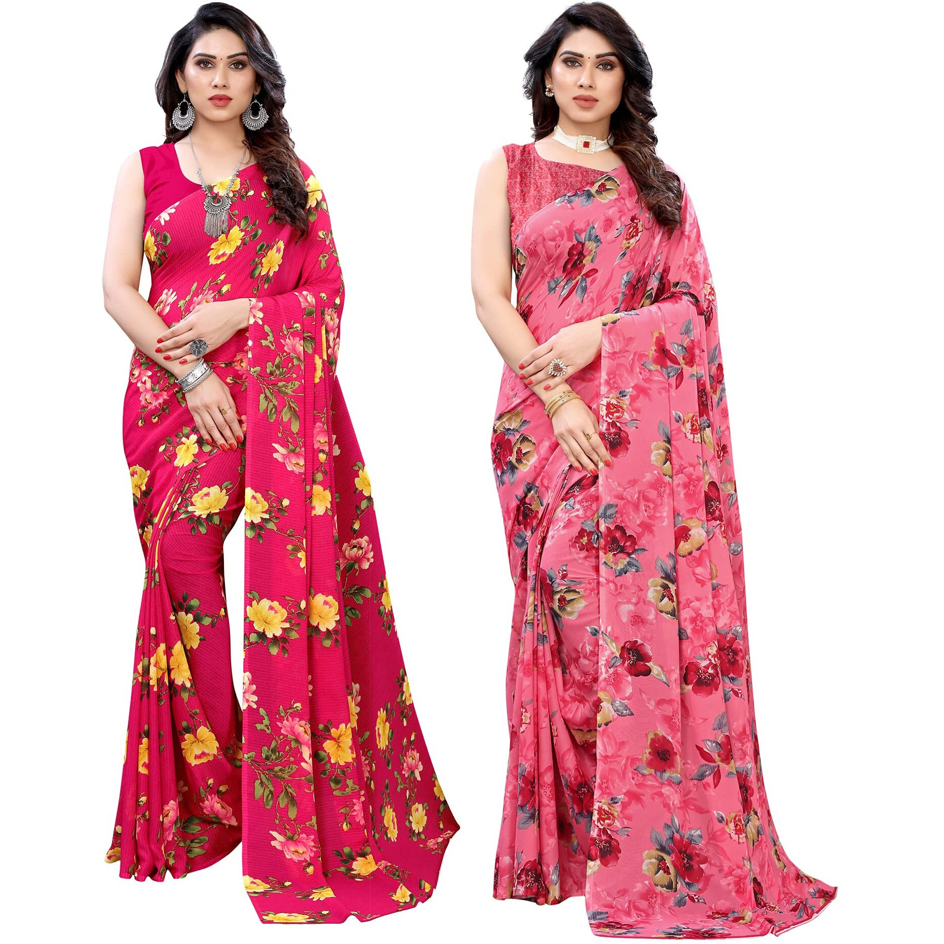 SIRIL Womens Floral Printed Georgette Saree with Blouse Combo Pack Of 2(1955S348_1850S178_Red||Pink)