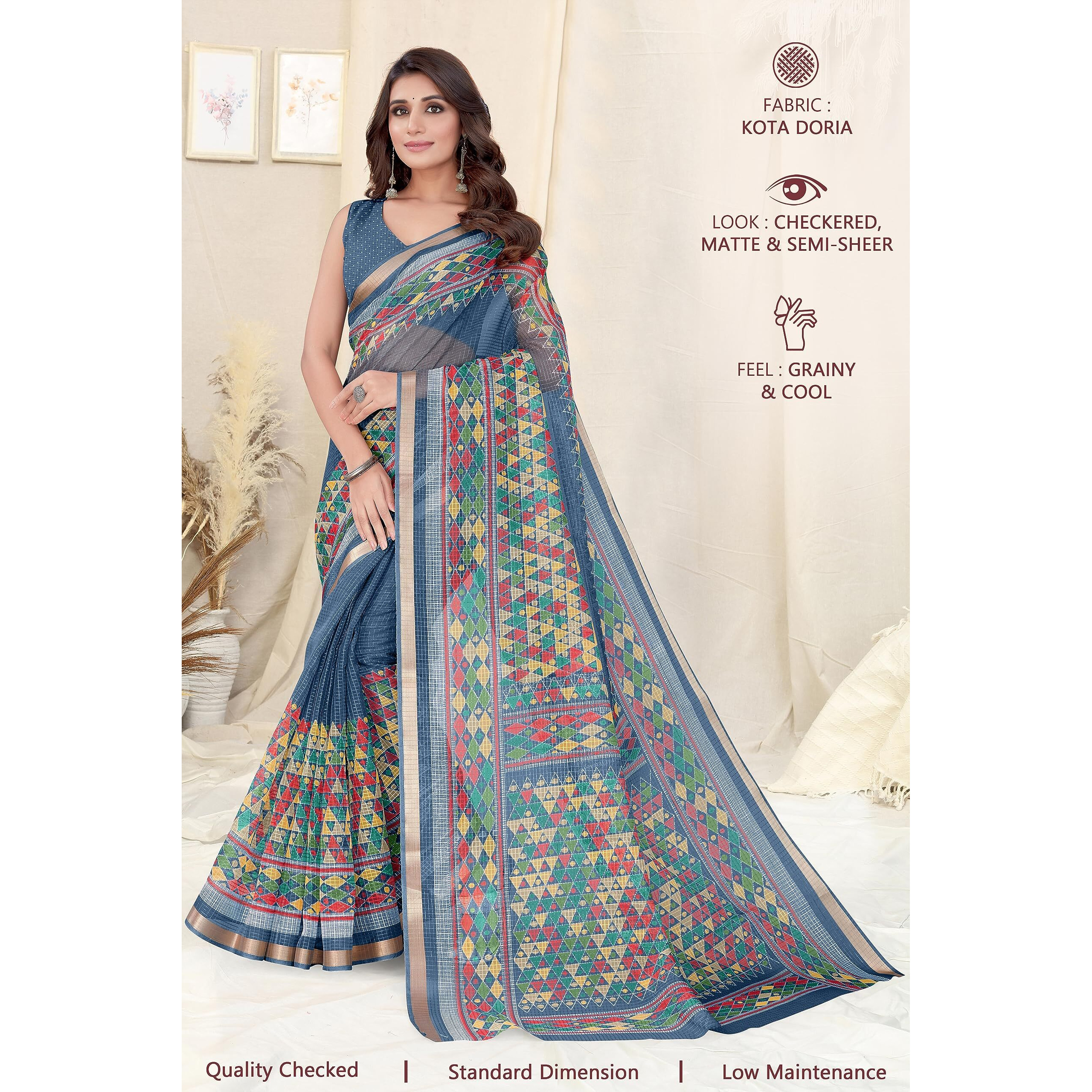 MIRCHI FASHION Womens Kota Doria Kota Doria Checks Woven Geometric Printed Saree with Blouse Piece (38541-Blue, Yellow)