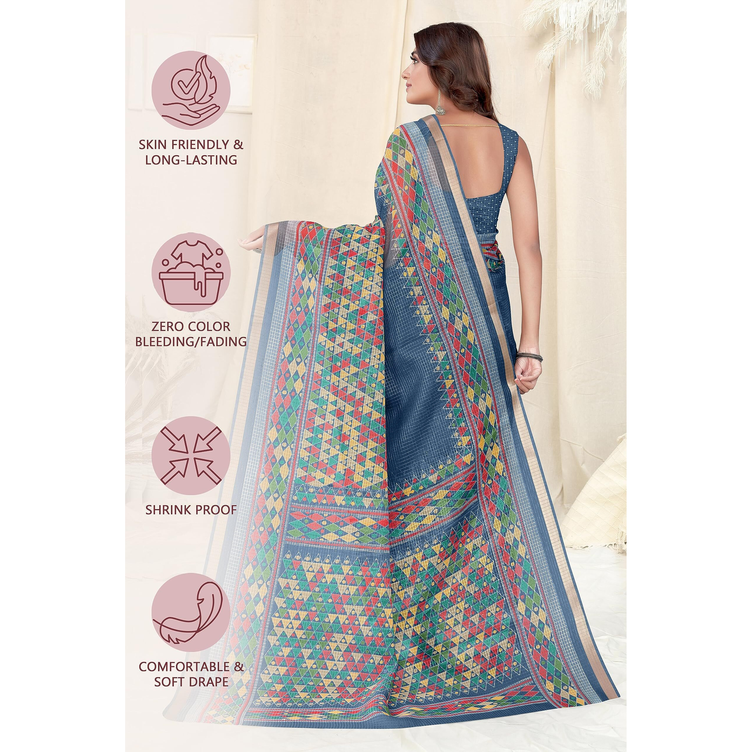 MIRCHI FASHION Womens Kota Doria Kota Doria Checks Woven Geometric Printed Saree with Blouse Piece (38541-Blue, Yellow)
