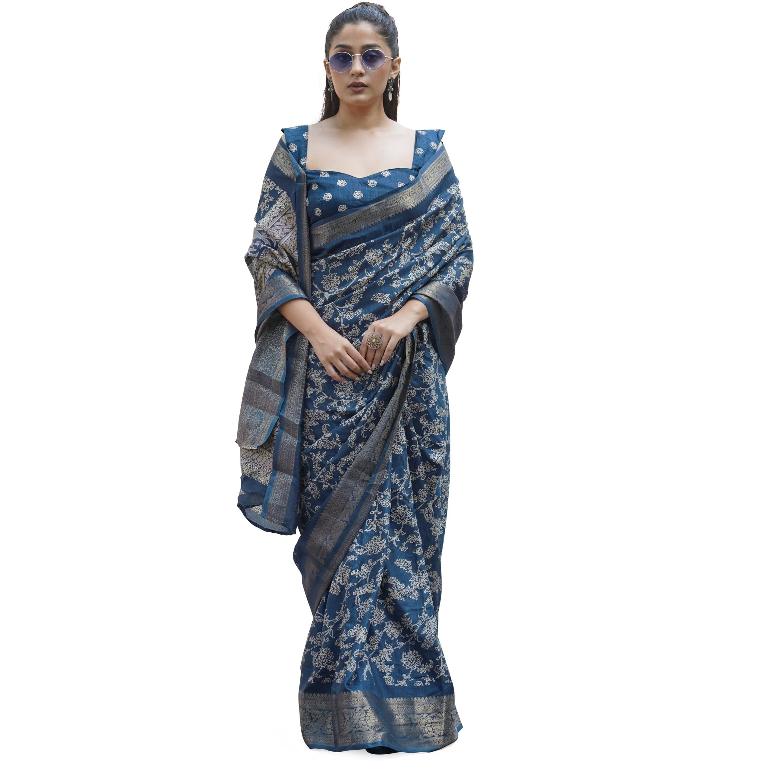 MIRCHI FASHION Womens Silk Blend Kalamkari Printed Saree with Blouse Piece (42262-Dark Rama Blue, Off White)