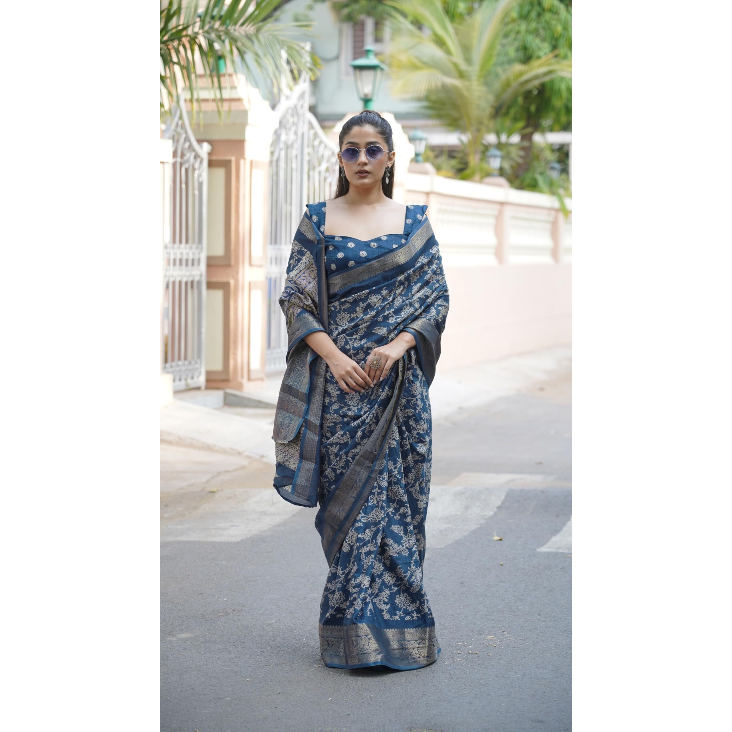MIRCHI FASHION Womens Silk Blend Kalamkari Printed Saree with Blouse Piece (42262-Dark Rama Blue, Off White)