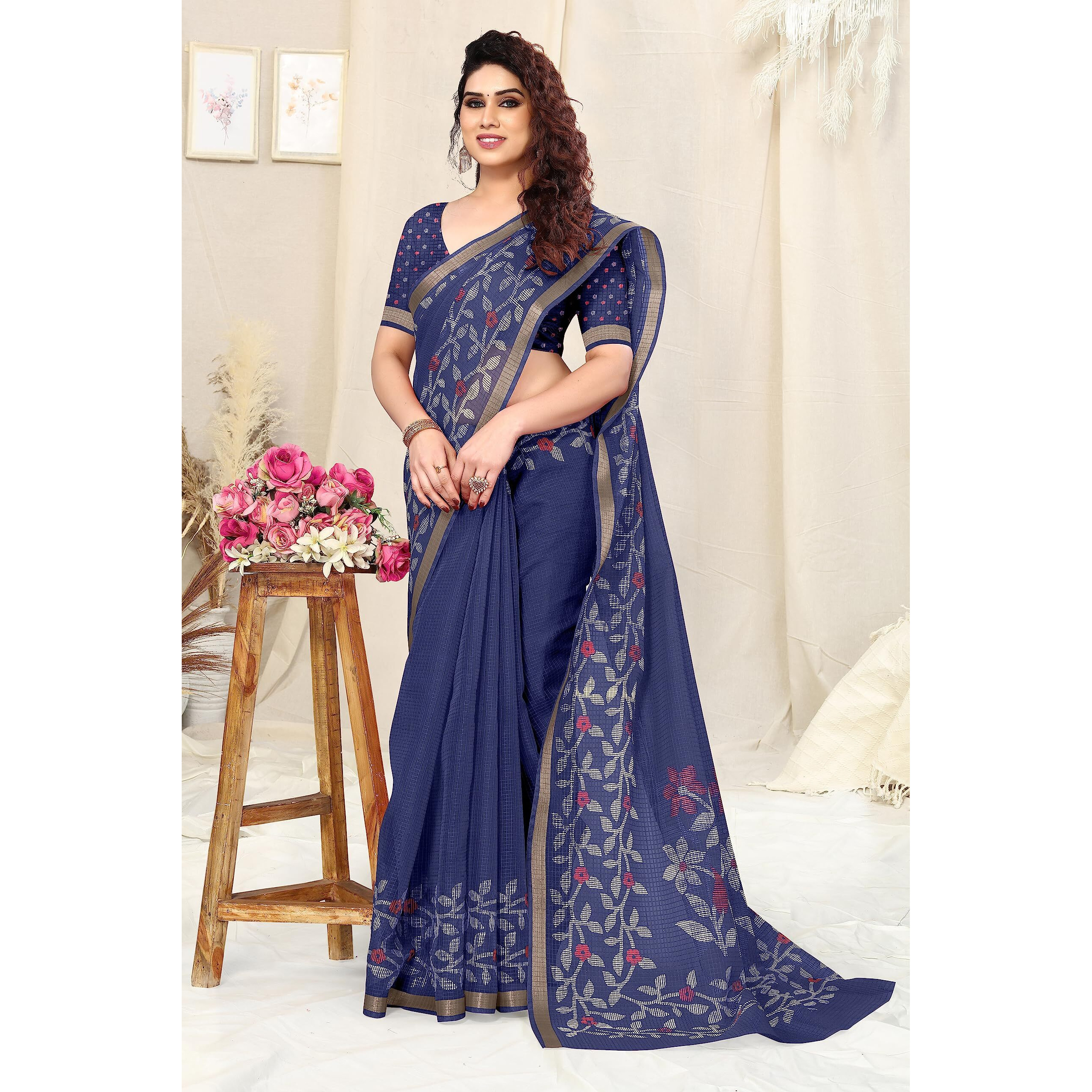 MIRCHI FASHION Womens Kota Doriya Cotton Blend Floral Printed Saree with Blouse Piece (38852-Navy Blue, Cream)