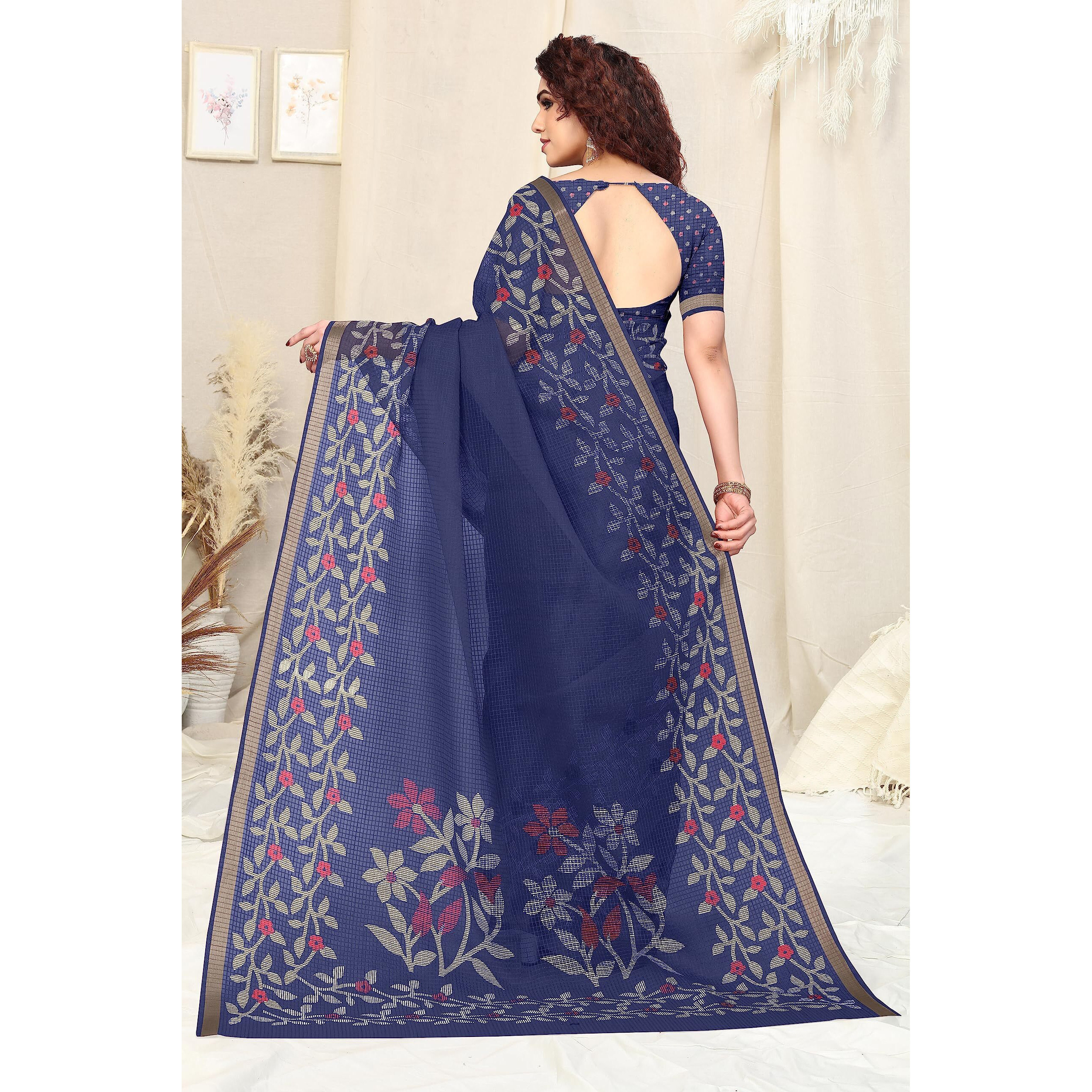 MIRCHI FASHION Womens Kota Doriya Cotton Blend Floral Printed Saree with Blouse Piece (38852-Navy Blue, Cream)