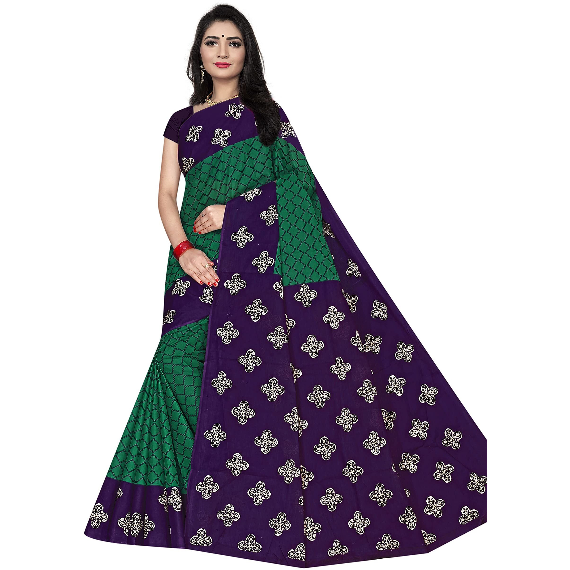 TAMAIRA FASHION Plain Weave Womens Pure Cotton Saree Without Blouse Piece (973_Seagreen and Purple)