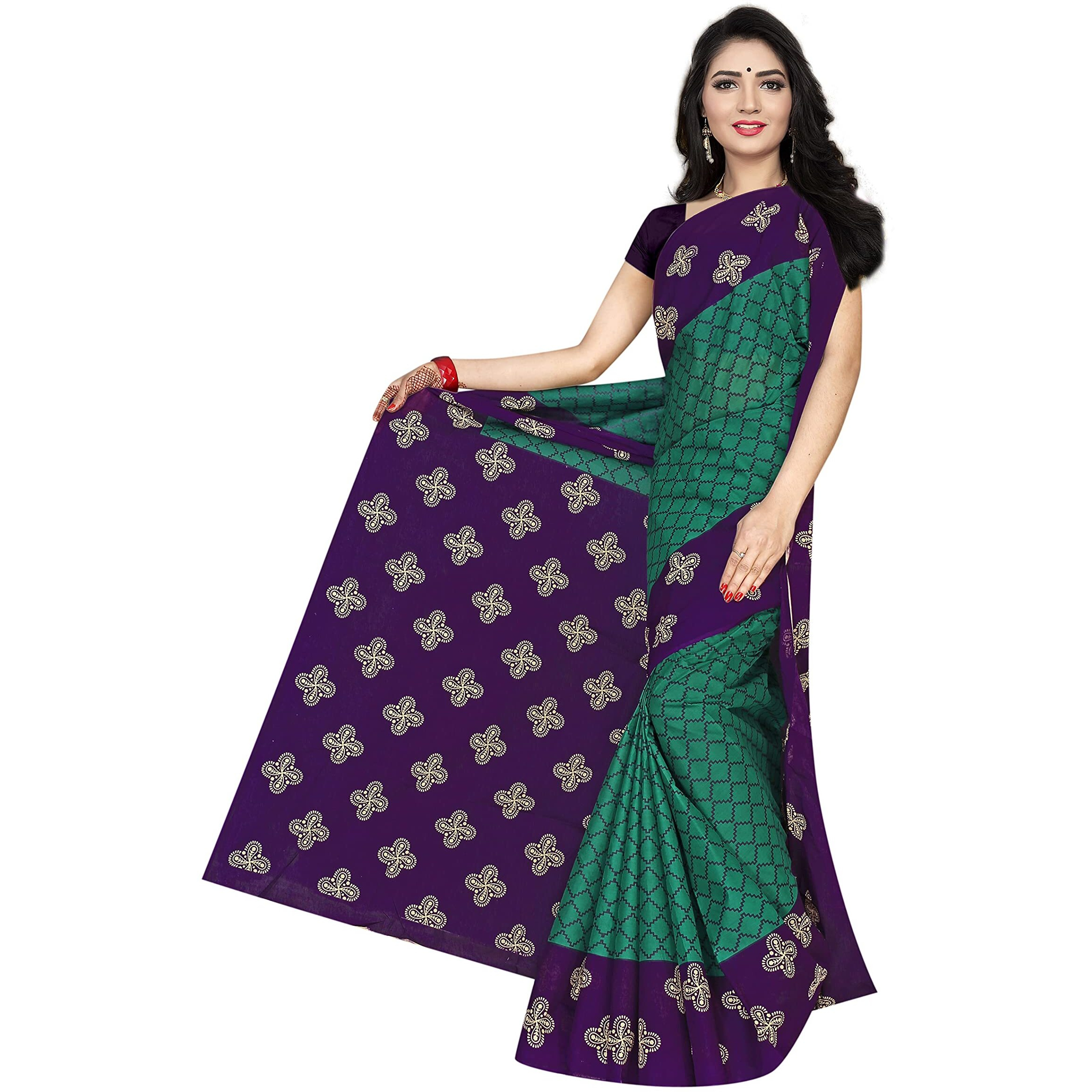 TAMAIRA FASHION Plain Weave Womens Pure Cotton Saree Without Blouse Piece (973_Seagreen and Purple)