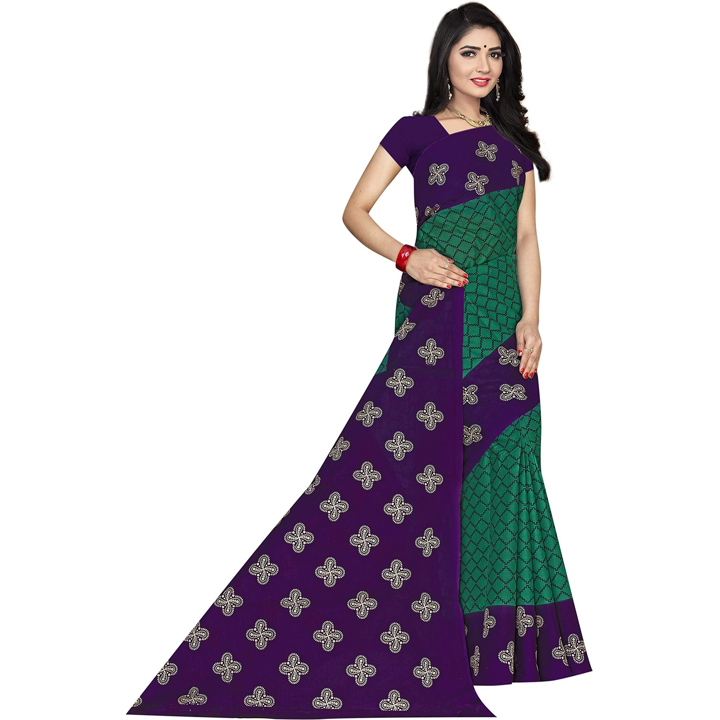 TAMAIRA FASHION Plain Weave Womens Pure Cotton Saree Without Blouse Piece (973_Seagreen and Purple)