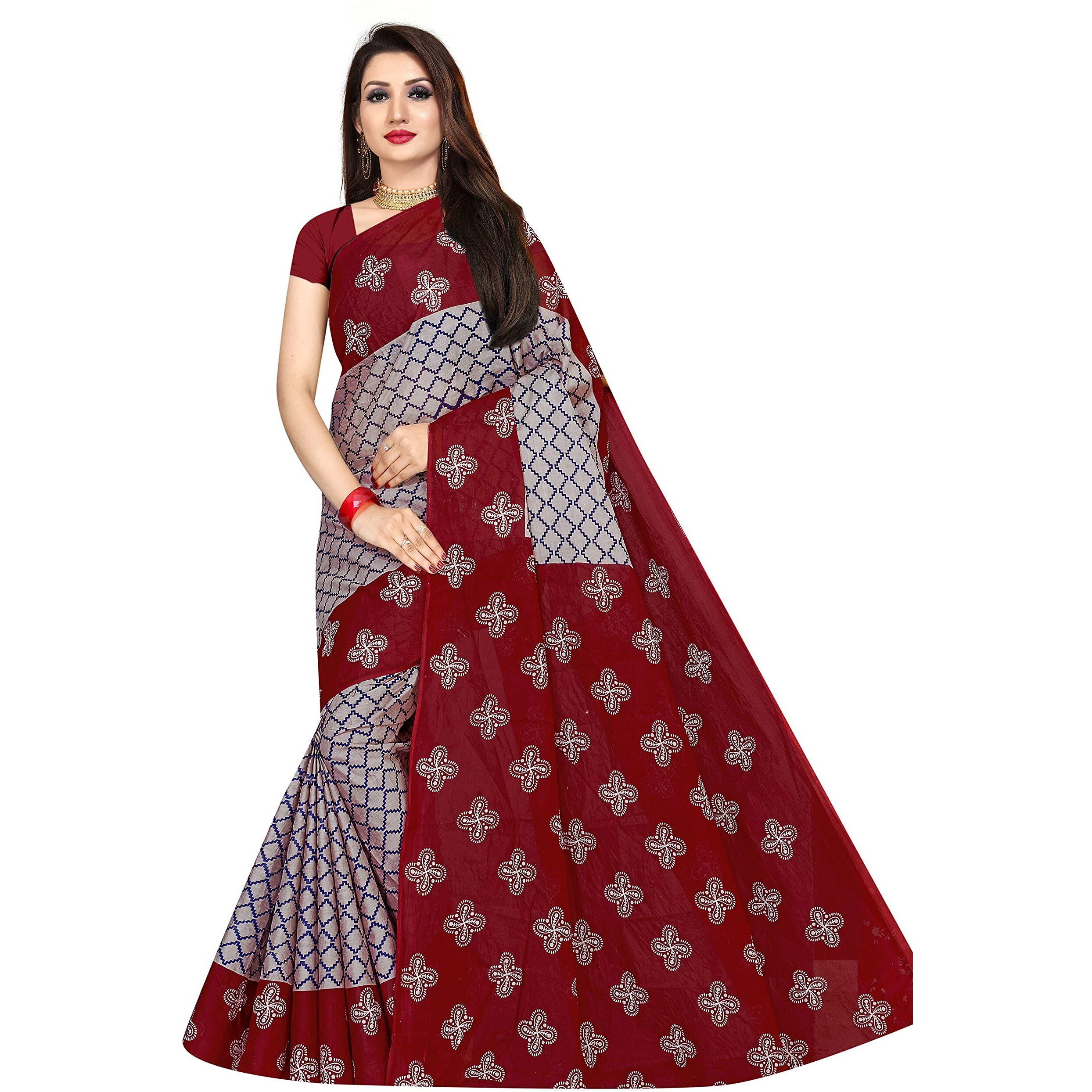 TAMAIRA FASHION Womens Plain Weave Pure Cotton Saree Without Blouse Piece(973_Grey&Maroon)