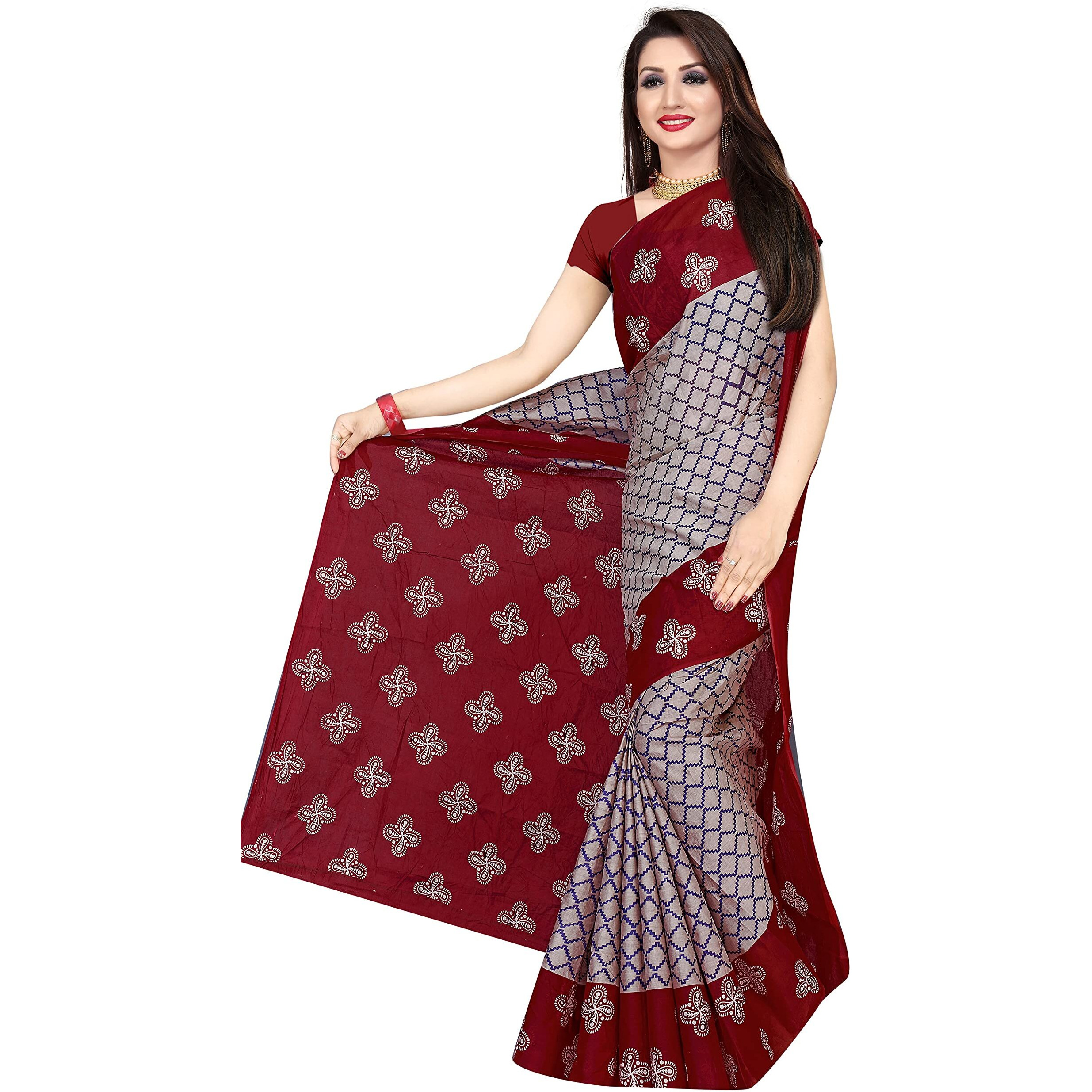 TAMAIRA FASHION Womens Plain Weave Pure Cotton Saree Without Blouse Piece(973_Grey&Maroon)