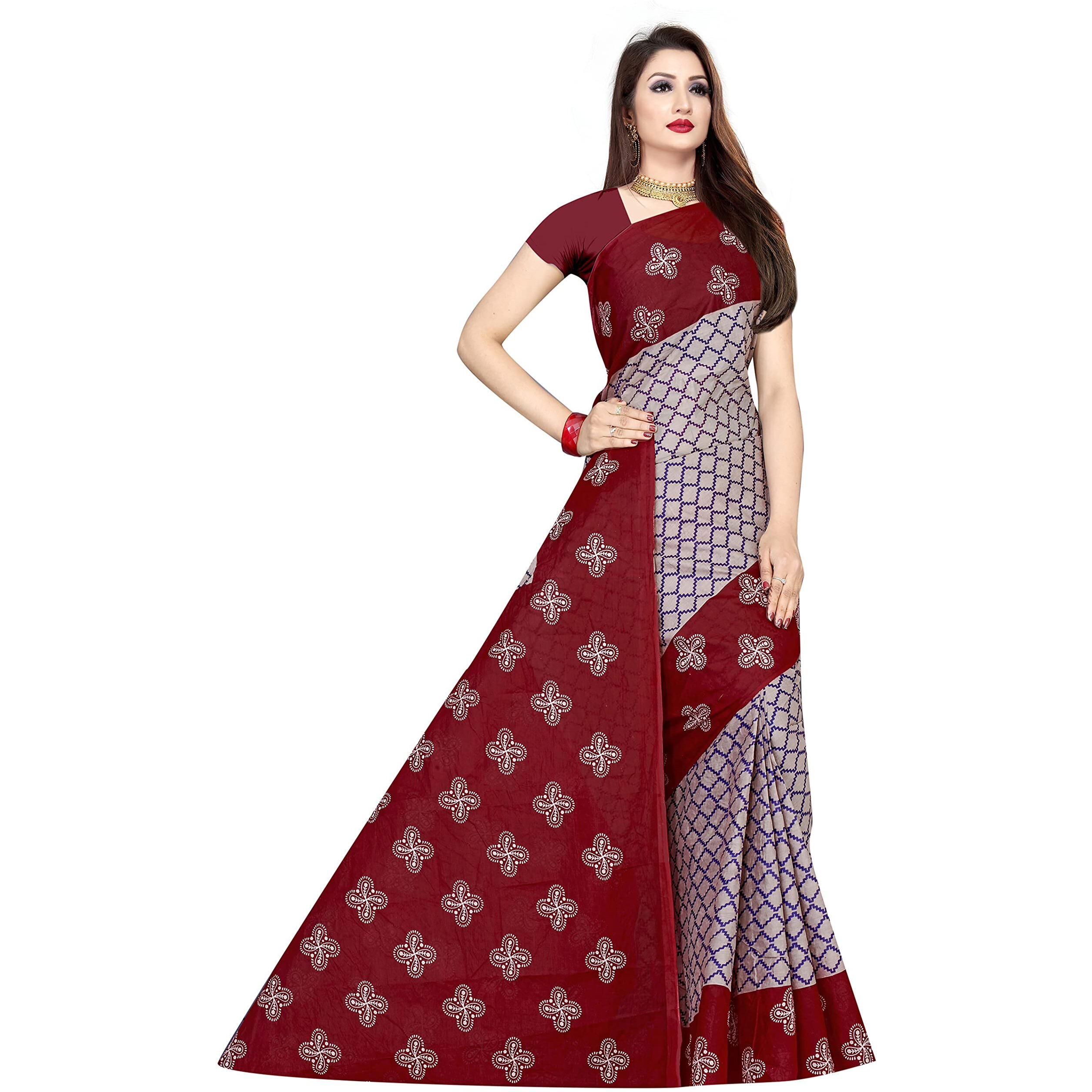 TAMAIRA FASHION Womens Plain Weave Pure Cotton Saree Without Blouse Piece(973_Grey&Maroon)