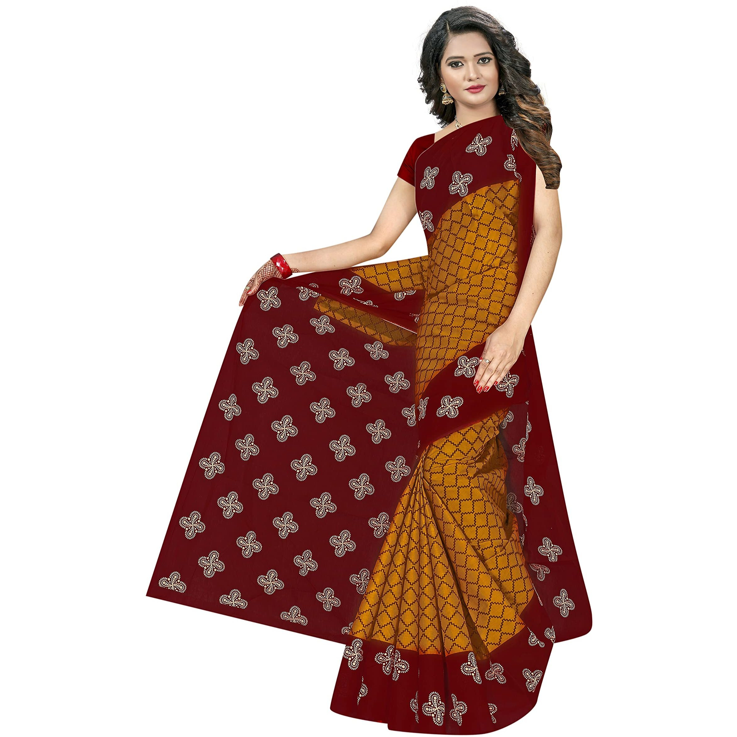 TAMAIRA FASHION Plain Weave Womens Pure Cotton Saree Without Blouse Piece (973_Mustard and Red)