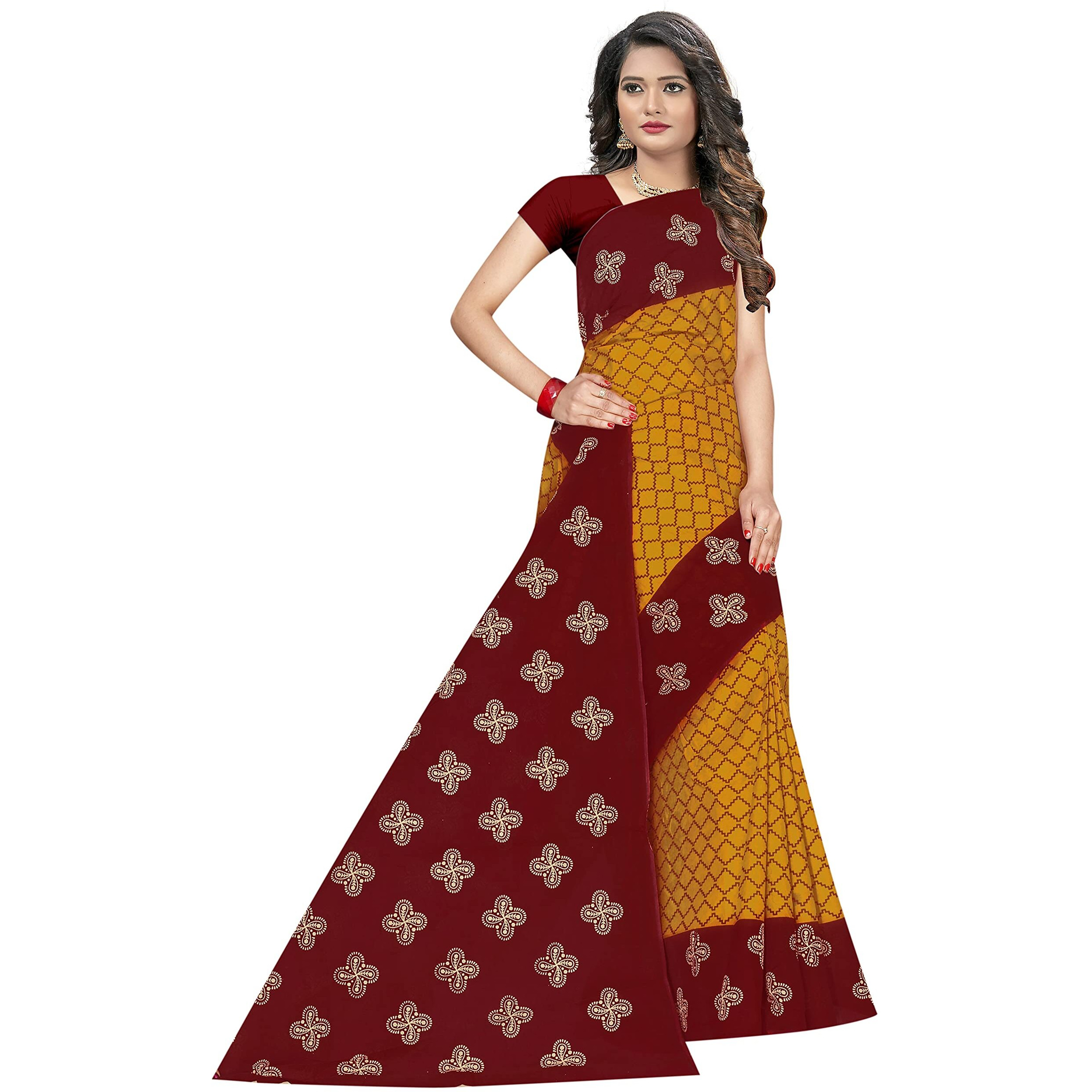 TAMAIRA FASHION Plain Weave Womens Pure Cotton Saree Without Blouse Piece (973_Mustard and Red)