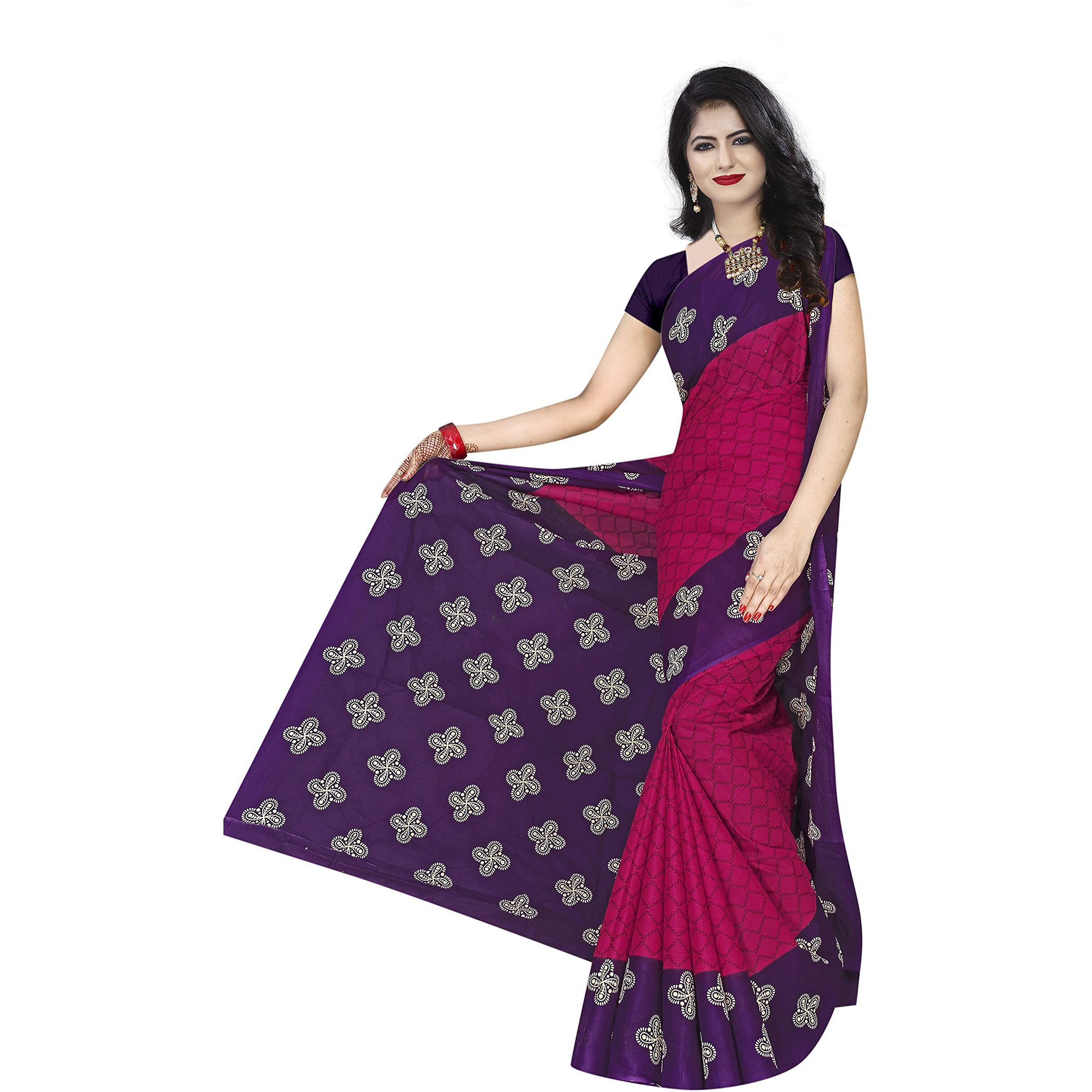 TAMAIRA FASHION Plain Weave Womens Pure Cotton Saree Without Blouse Piece (973_Pink and Purple)