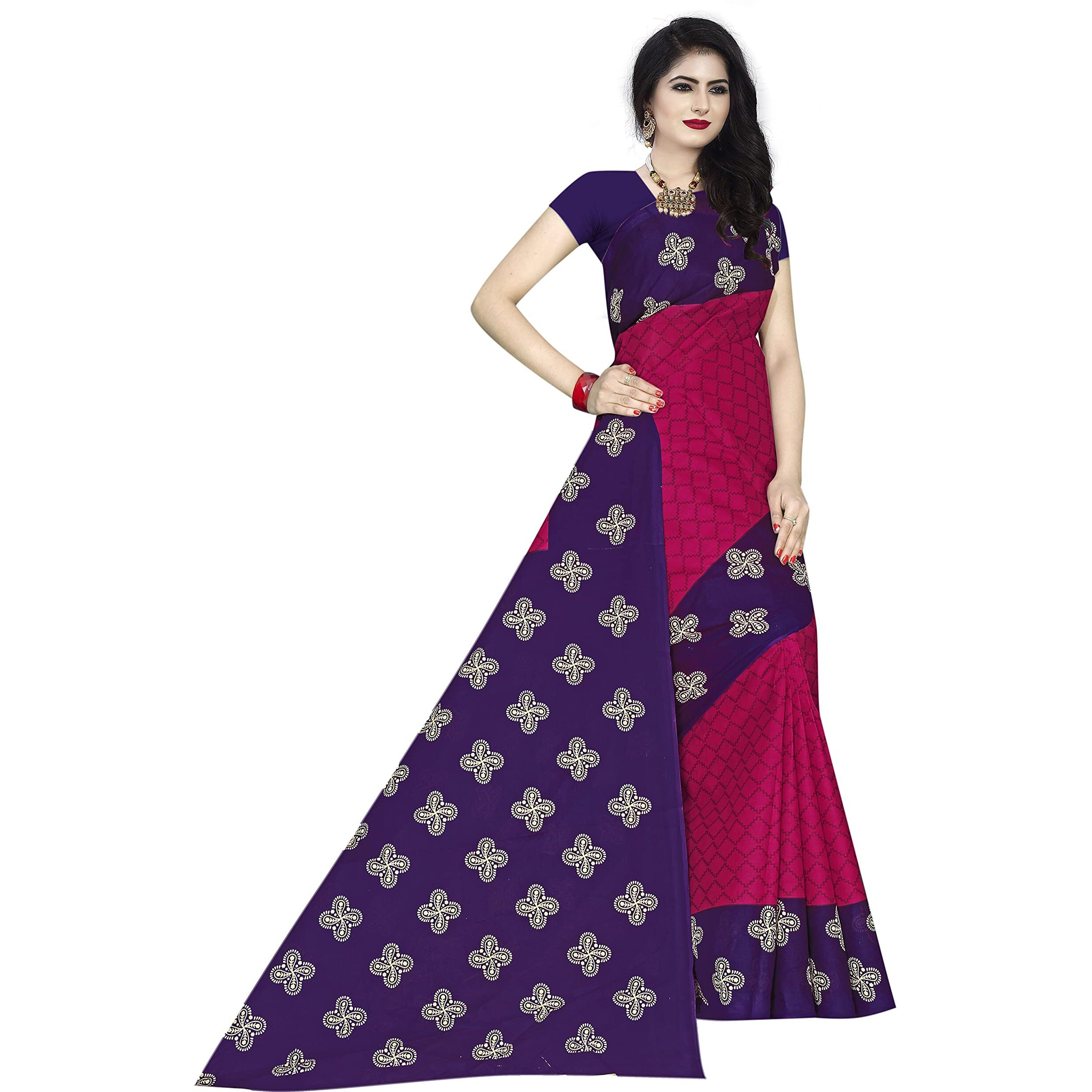 TAMAIRA FASHION Plain Weave Womens Pure Cotton Saree Without Blouse Piece (973_Pink and Purple)