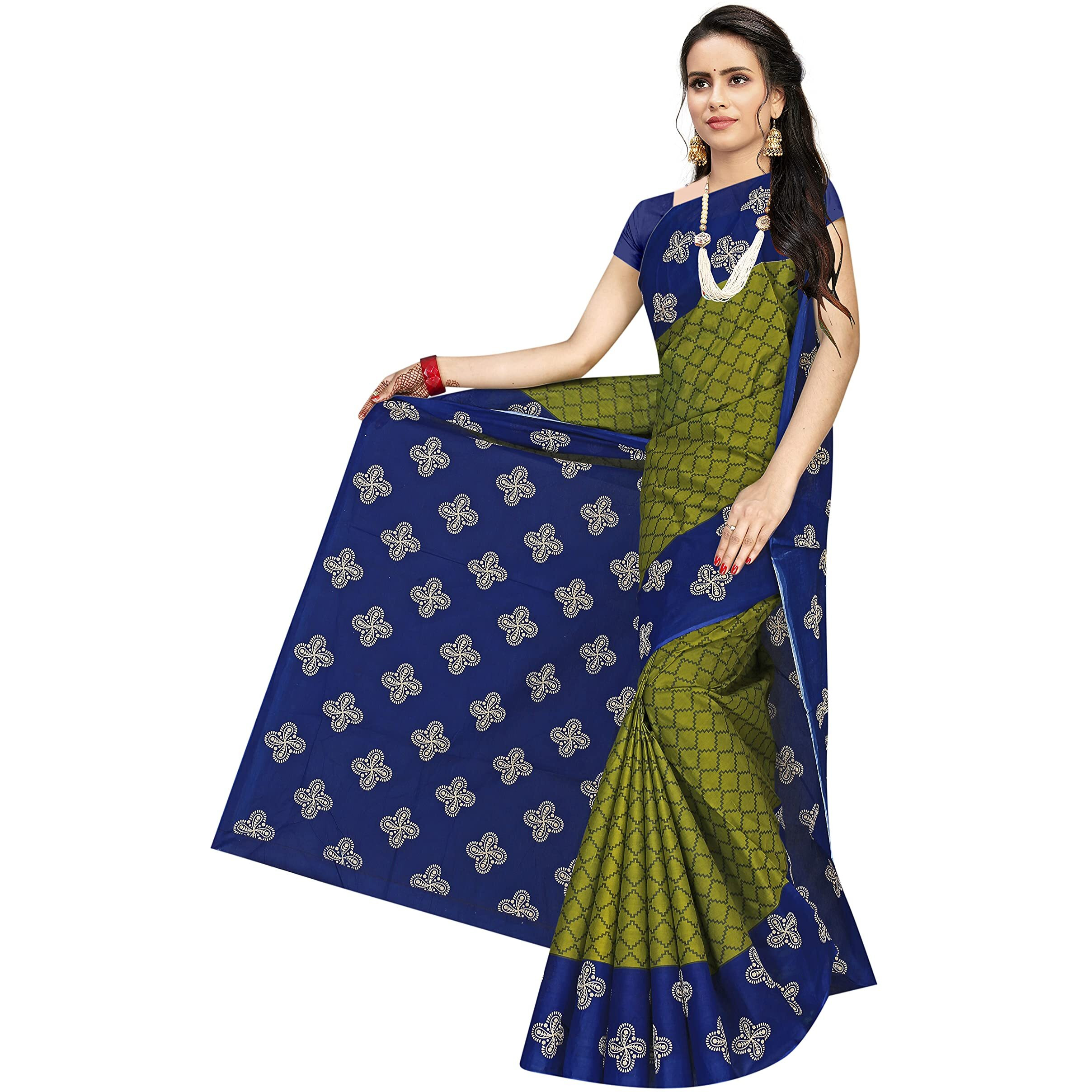 TAMAIRA FASHION Plain Weave Womens Pure Cotton Saree Without Blouse Piece (973_Green and Blue)