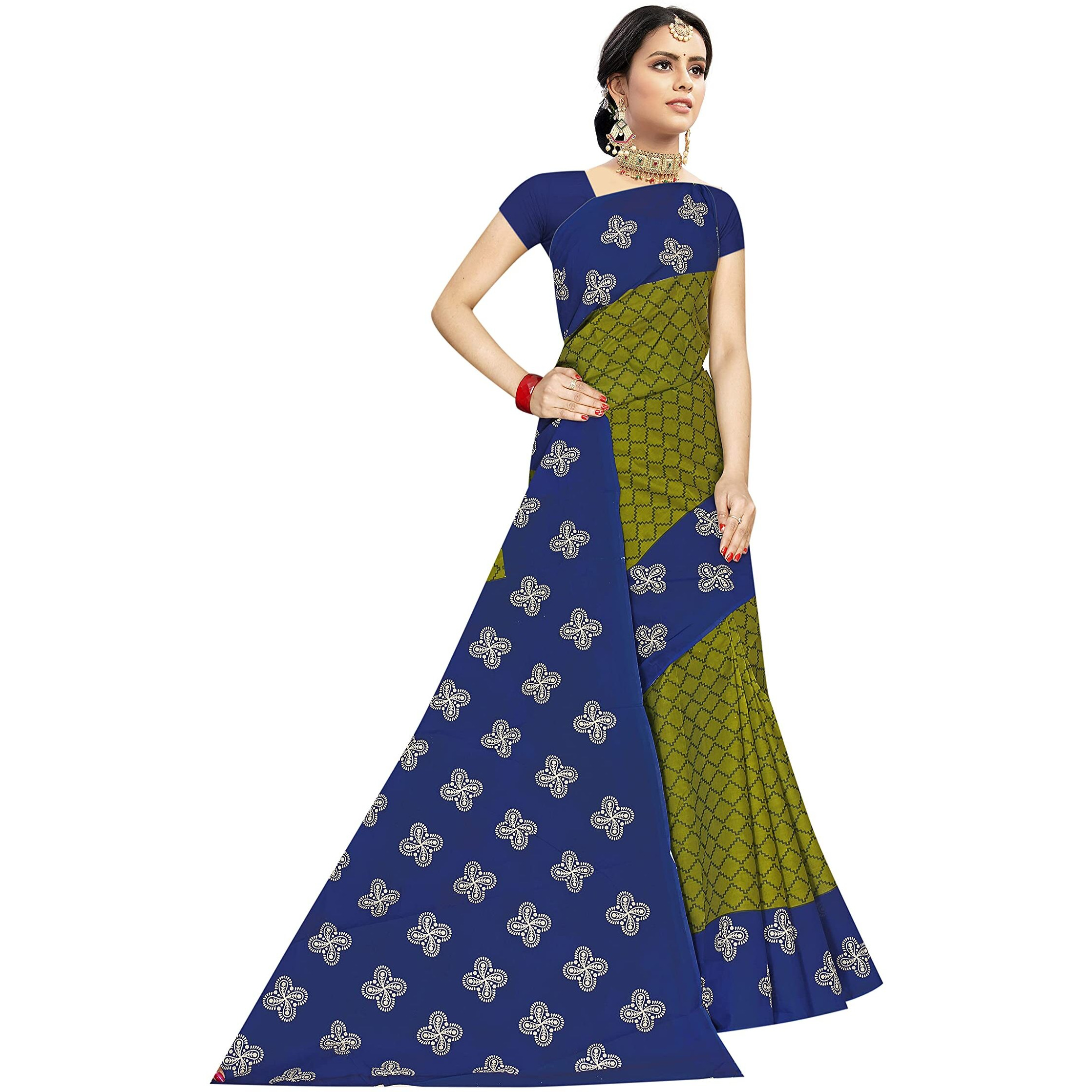TAMAIRA FASHION Plain Weave Womens Pure Cotton Saree Without Blouse Piece (973_Green and Blue)