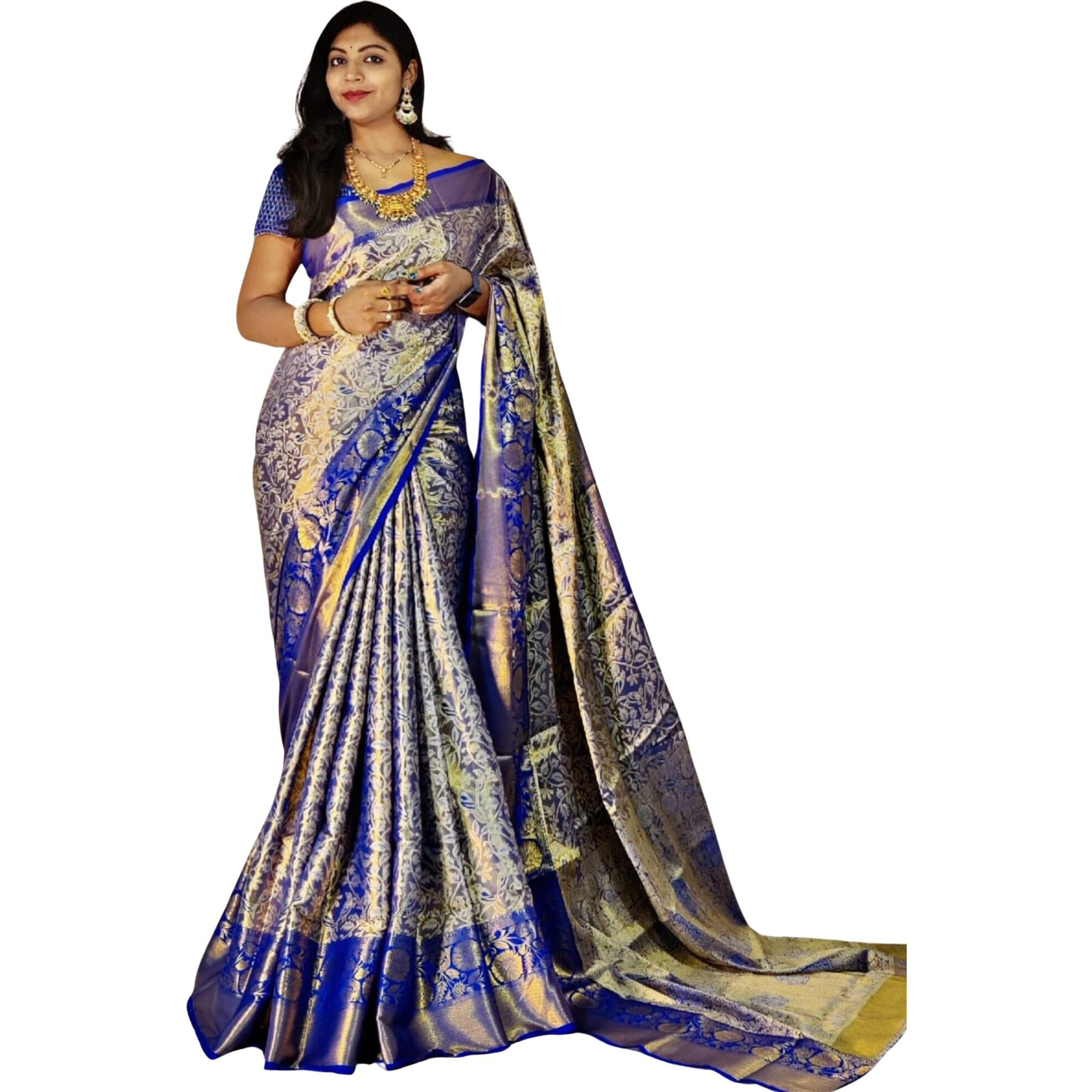 SGF11- Womens Kanjivaram Pure Soft Silk Handloom Saree Pure Golden Zari With Blouse Piece (Blue)