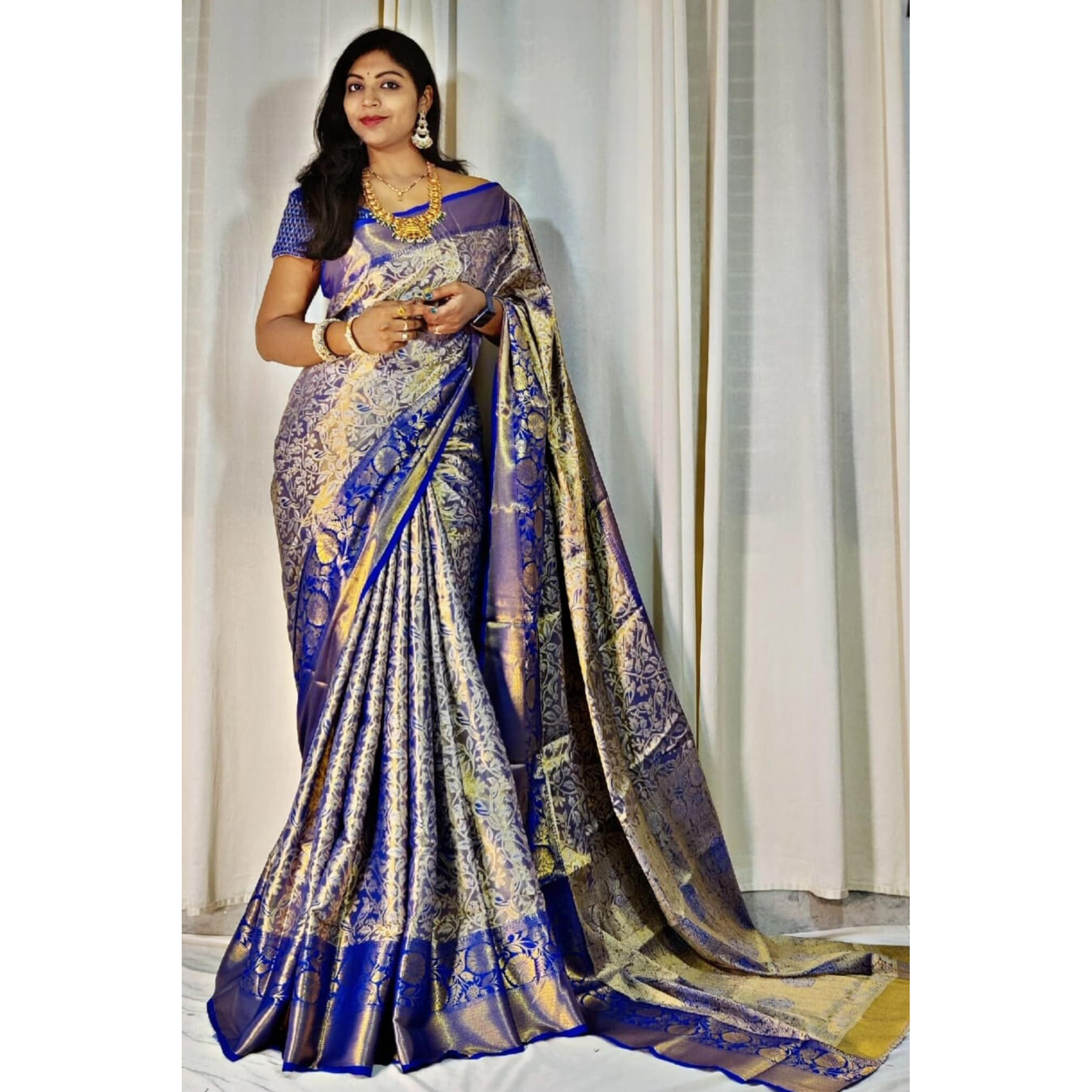 SGF11- Womens Kanjivaram Pure Soft Silk Handloom Saree Pure Golden Zari With Blouse Piece (Blue)