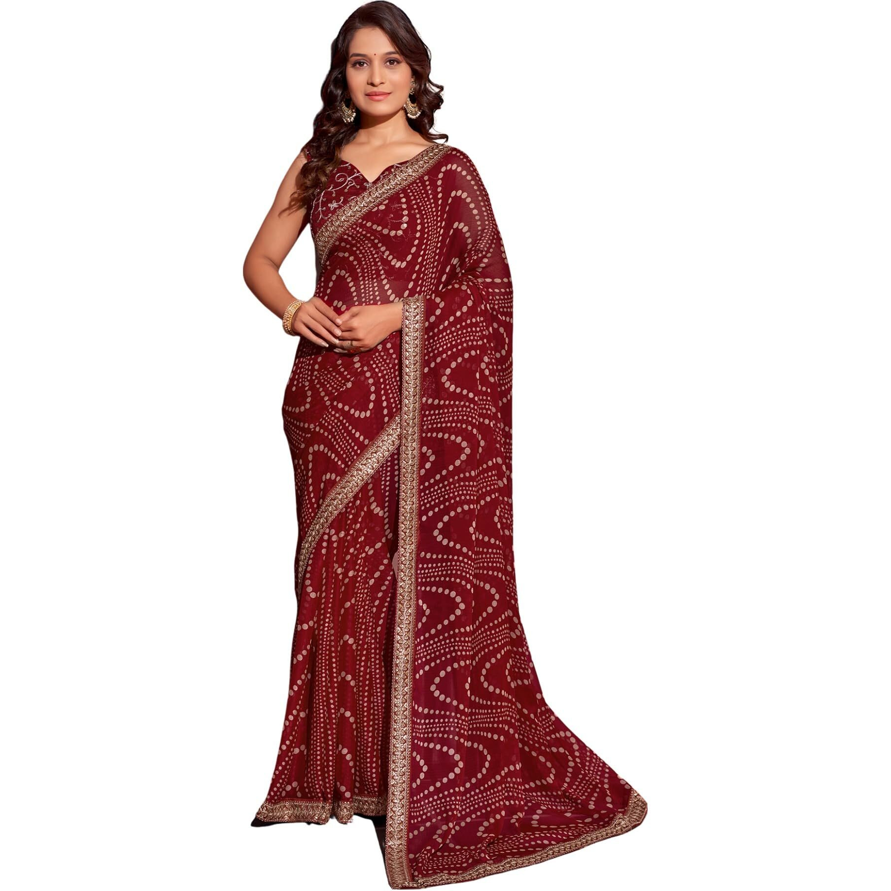 SIRIL Womens Georgette Printed Embroidery Lace Boarder Saree With Unstitched Blouse Piece (3667S2543_Maroon)