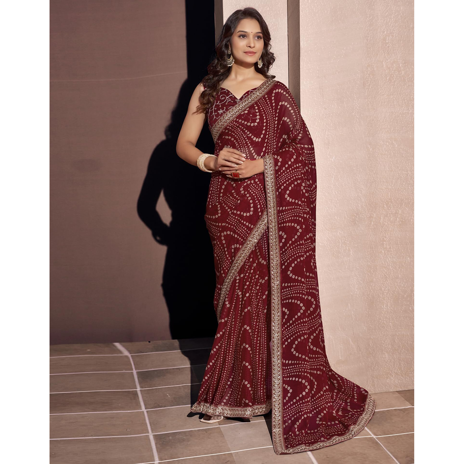 SIRIL Womens Georgette Printed Embroidery Lace Boarder Saree With Unstitched Blouse Piece (3667S2543_Maroon)