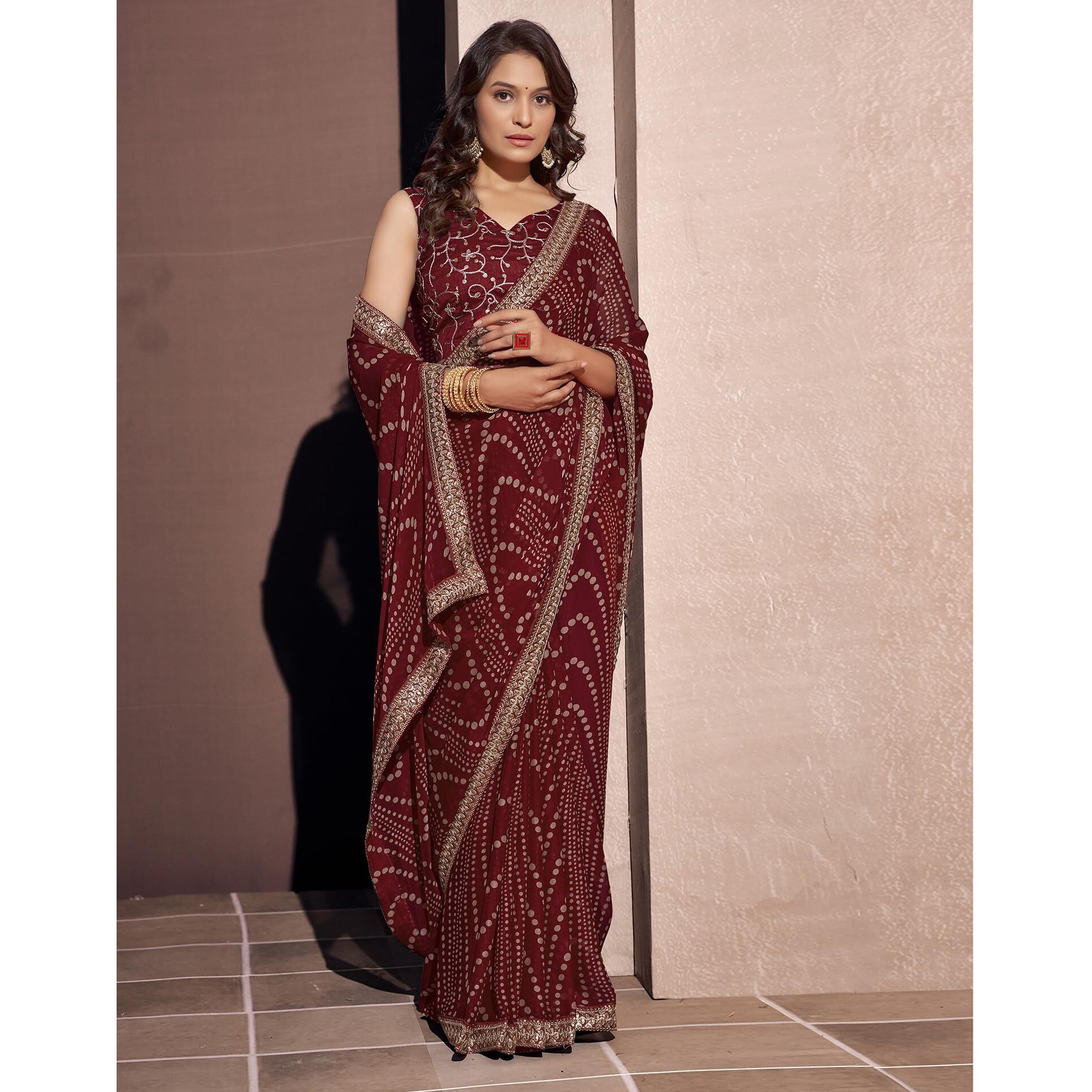 SIRIL Womens Georgette Printed Embroidery Lace Boarder Saree With Unstitched Blouse Piece (3667S2543_Maroon)