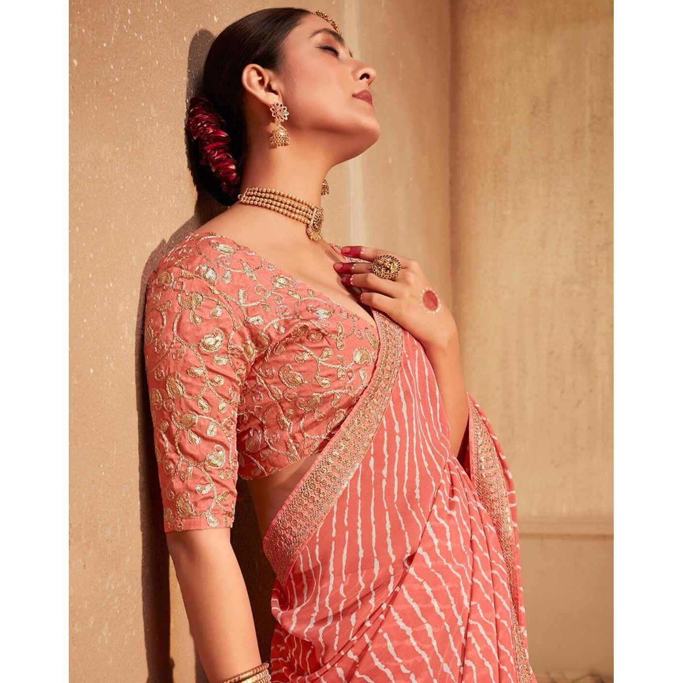 SIRIL Womens Leheriya Printed Georgette Saree with Unstitched Blouse Piece (2555S281_Peach)