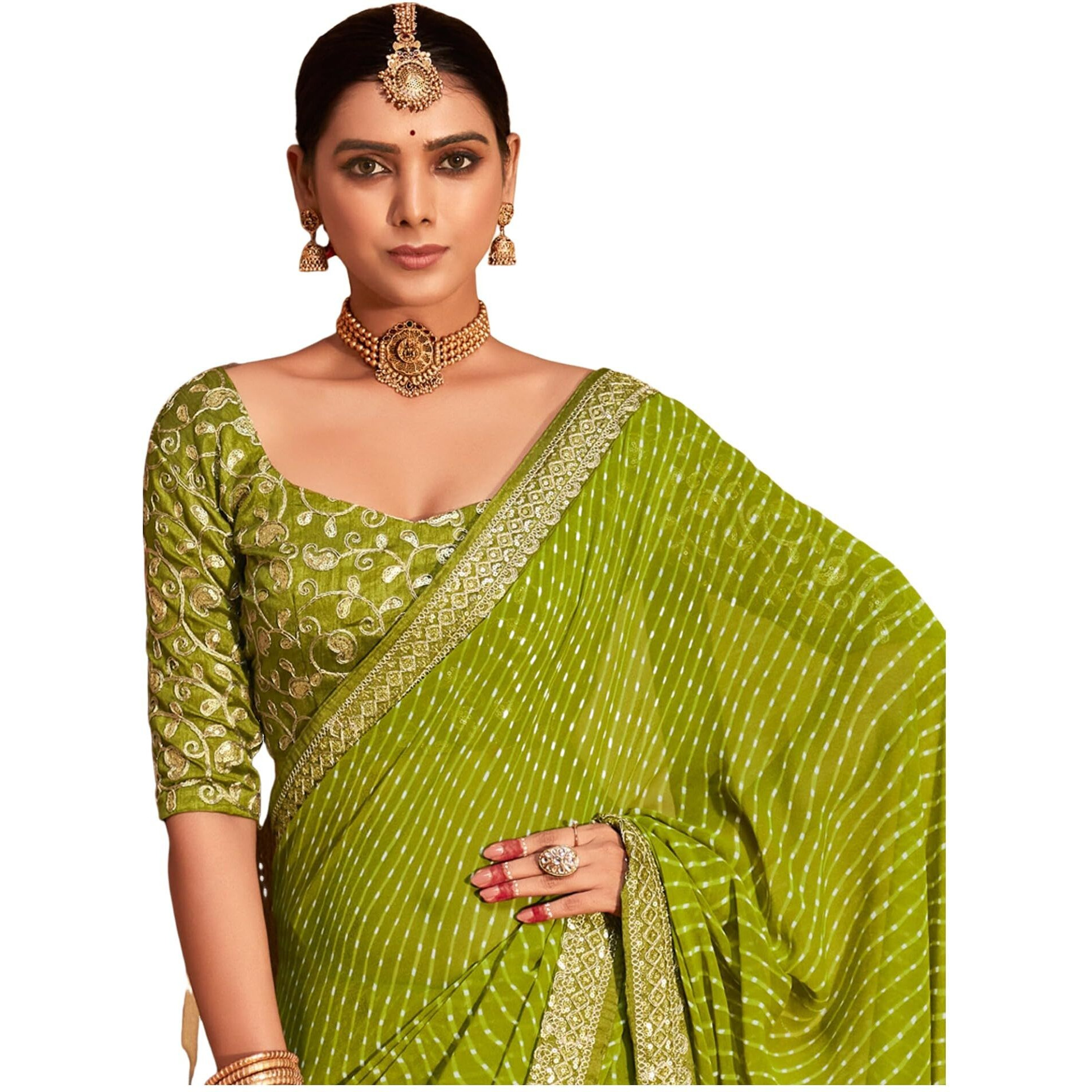 SIRIL Womens Leheriya Printed Georgette Saree with Unstitched Blouse Piece (2555S283_Green)