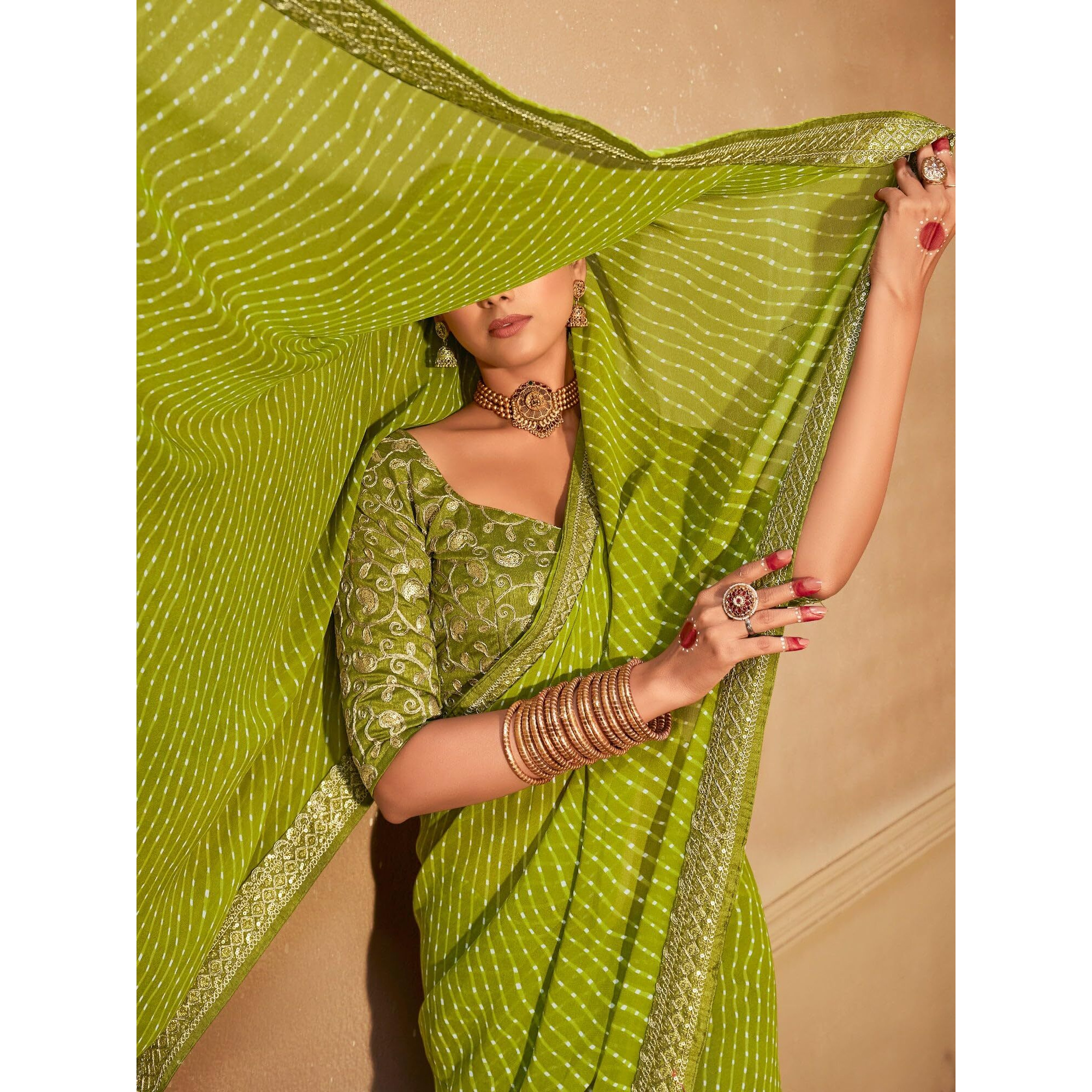 SIRIL Womens Leheriya Printed Georgette Saree with Unstitched Blouse Piece (2555S283_Green)