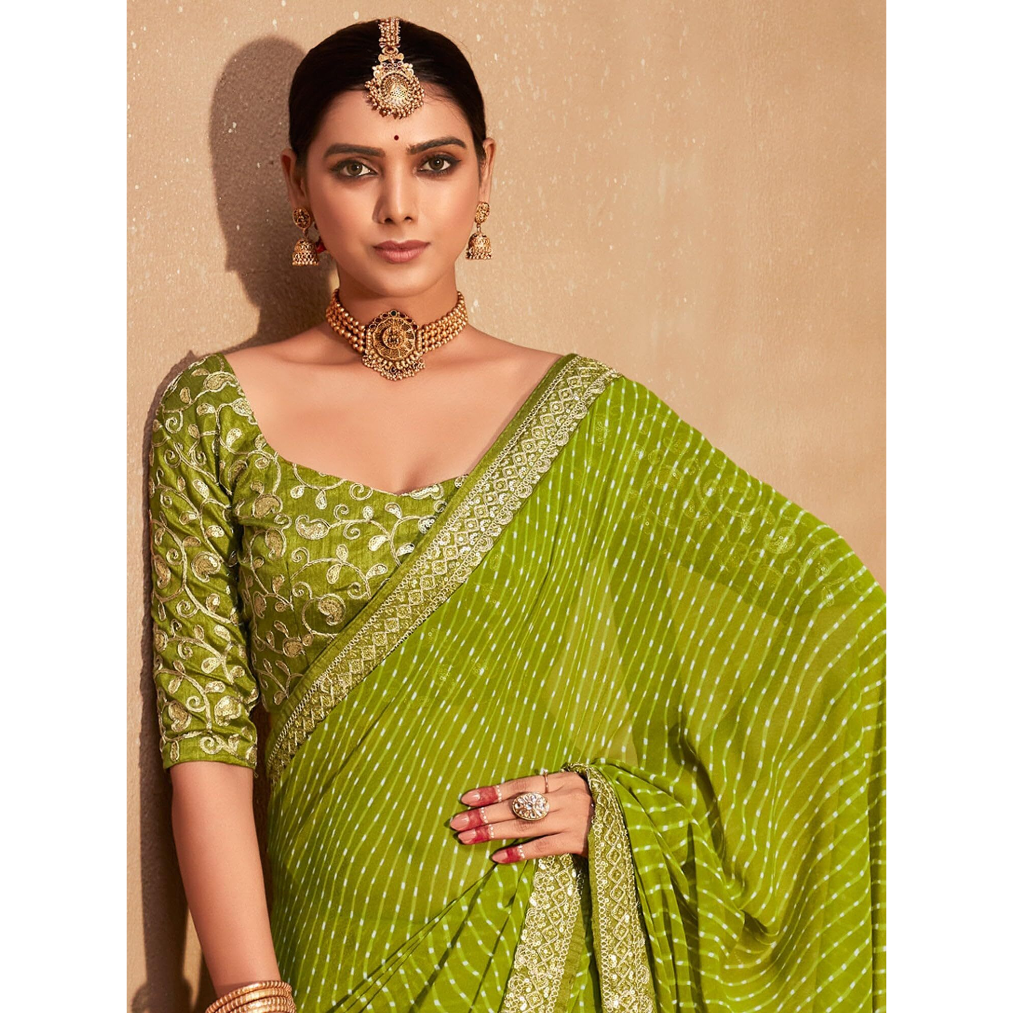 SIRIL Womens Leheriya Printed Georgette Saree with Unstitched Blouse Piece (2555S283_Green)