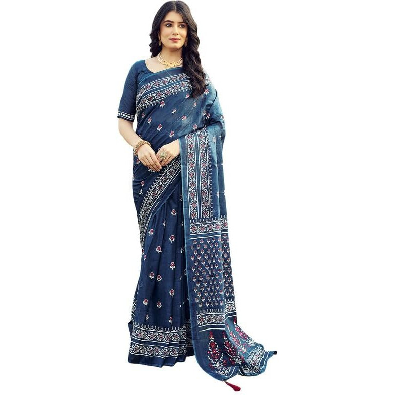 SIRIL Womens Cotton Printed Ready To Wear Saree With Unstitched Blouse Piece (7RS108_Teal Blue)