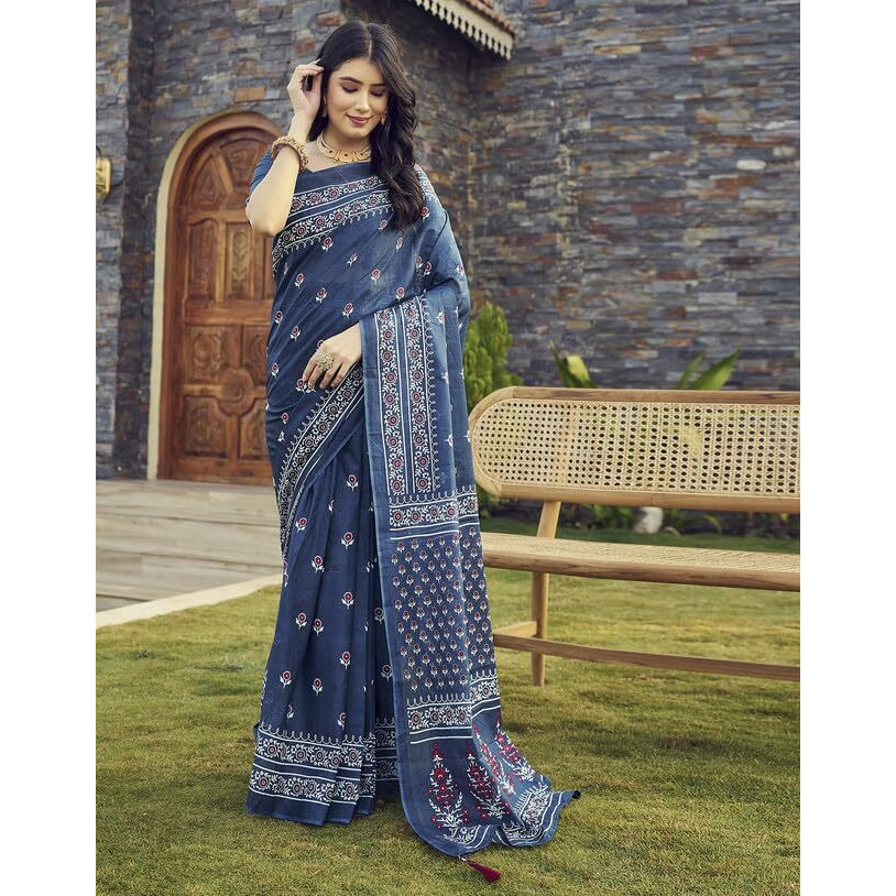 SIRIL Womens Cotton Printed Ready To Wear Saree With Unstitched Blouse Piece (7RS108_Teal Blue)