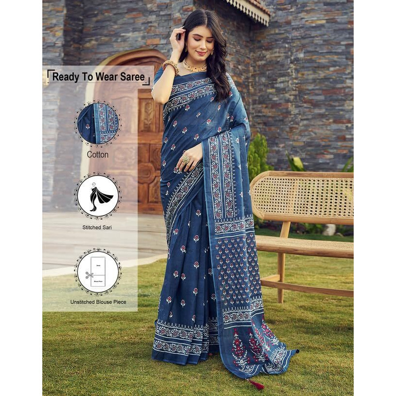 SIRIL Womens Cotton Printed Ready To Wear Saree With Unstitched Blouse Piece (7RS108_Teal Blue)
