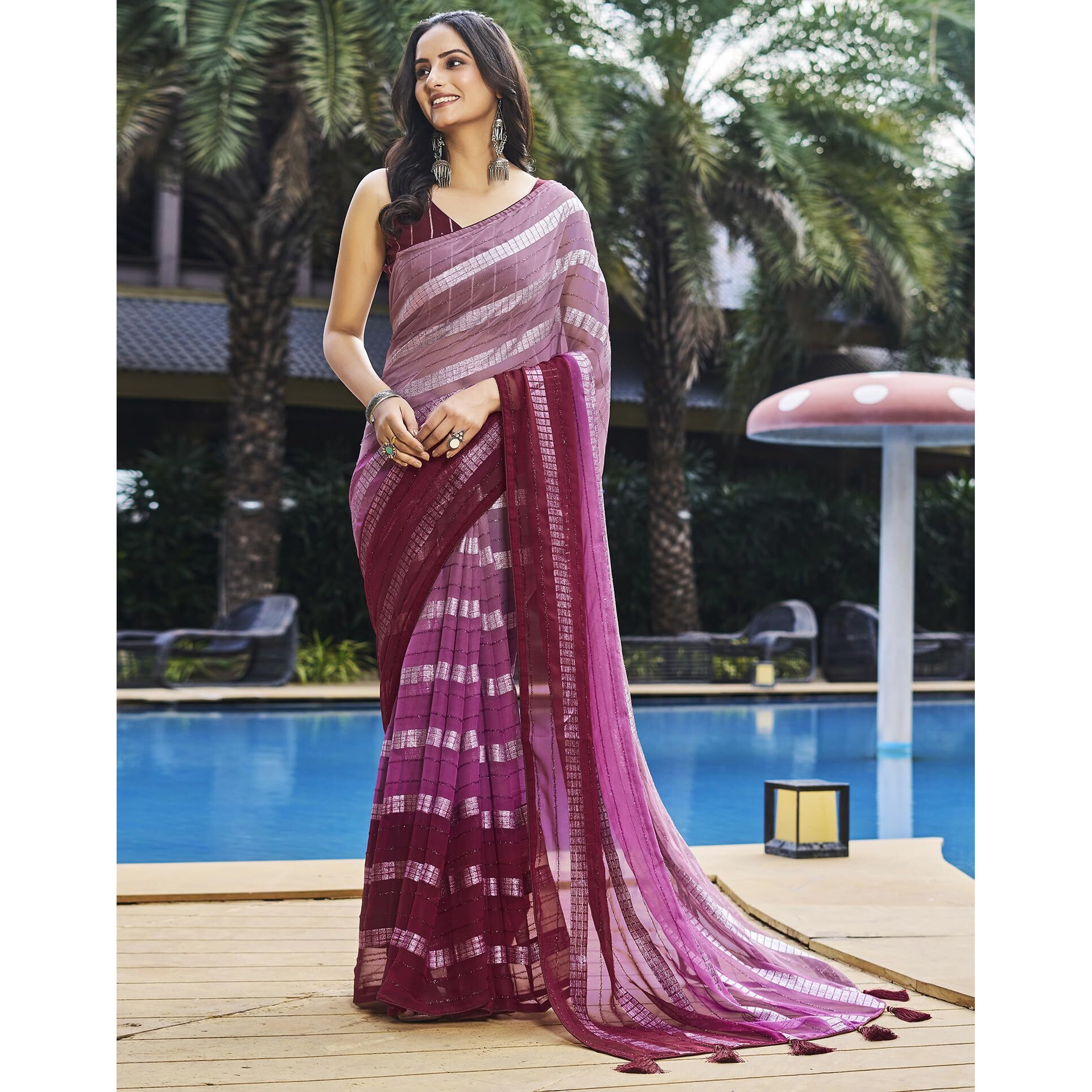 SIRIL Womens Georgette Printed Zari Work Saree With Unstitched Blouse Piece (3402S265_Purple)