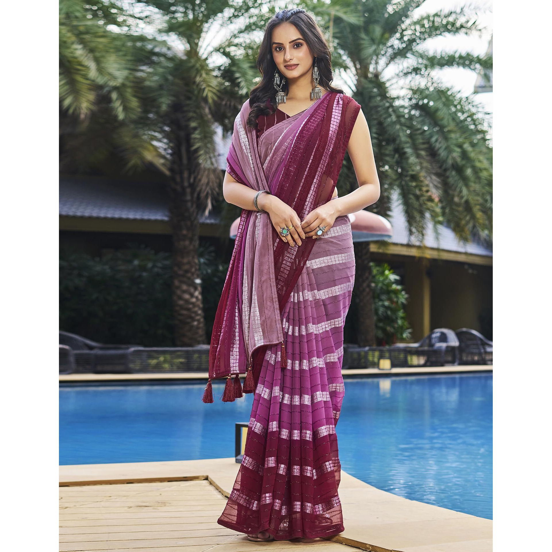 SIRIL Womens Georgette Printed Zari Work Saree With Unstitched Blouse Piece (3402S265_Purple)